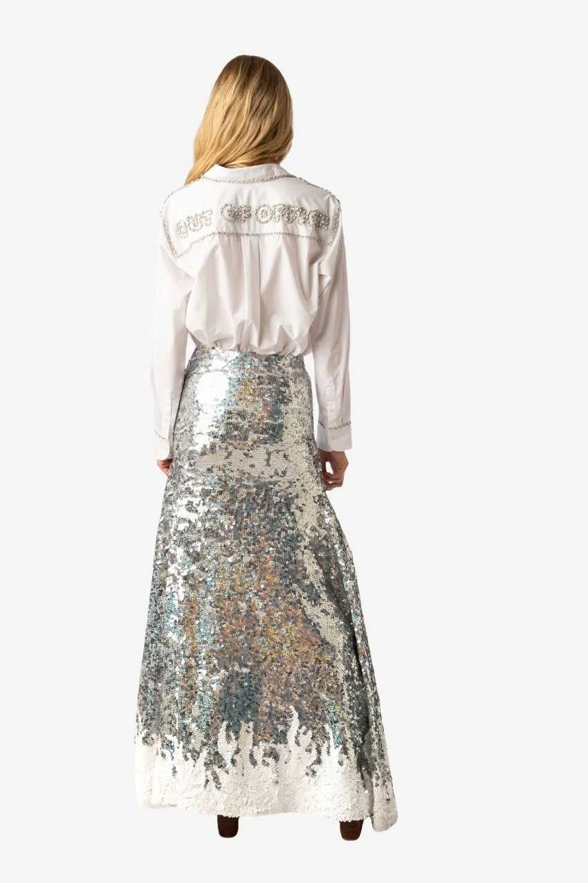 Silver Flame Sequin Long Skirt