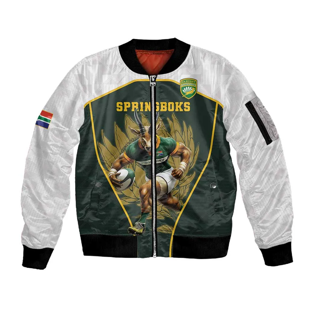 South Africa Rugby Personalised Sleeve Zip Bomber Jacket Springboks Mascot With King Protea -  African Pattern LT15
