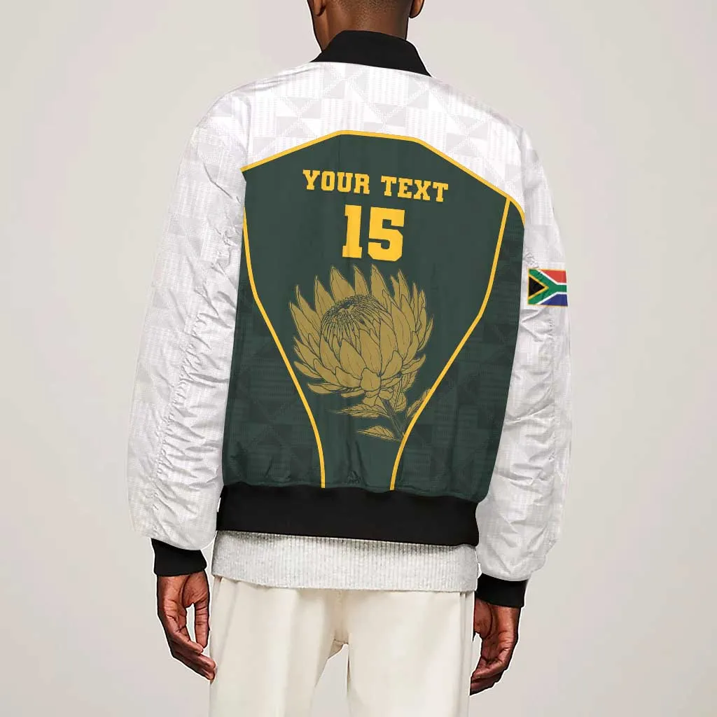 South Africa Rugby Personalised Sleeve Zip Bomber Jacket Springboks Mascot With King Protea -  African Pattern LT15