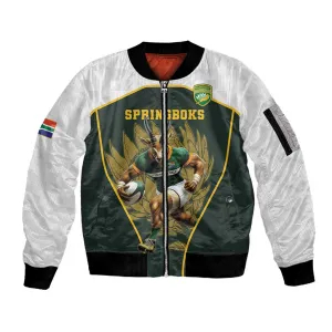 South Africa Rugby Personalised Sleeve Zip Bomber Jacket Springboks Mascot With King Protea -  African Pattern LT15