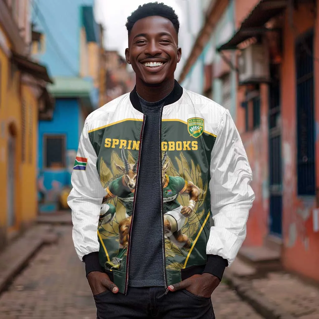 South Africa Rugby Personalised Sleeve Zip Bomber Jacket Springboks Mascot With King Protea -  African Pattern LT15