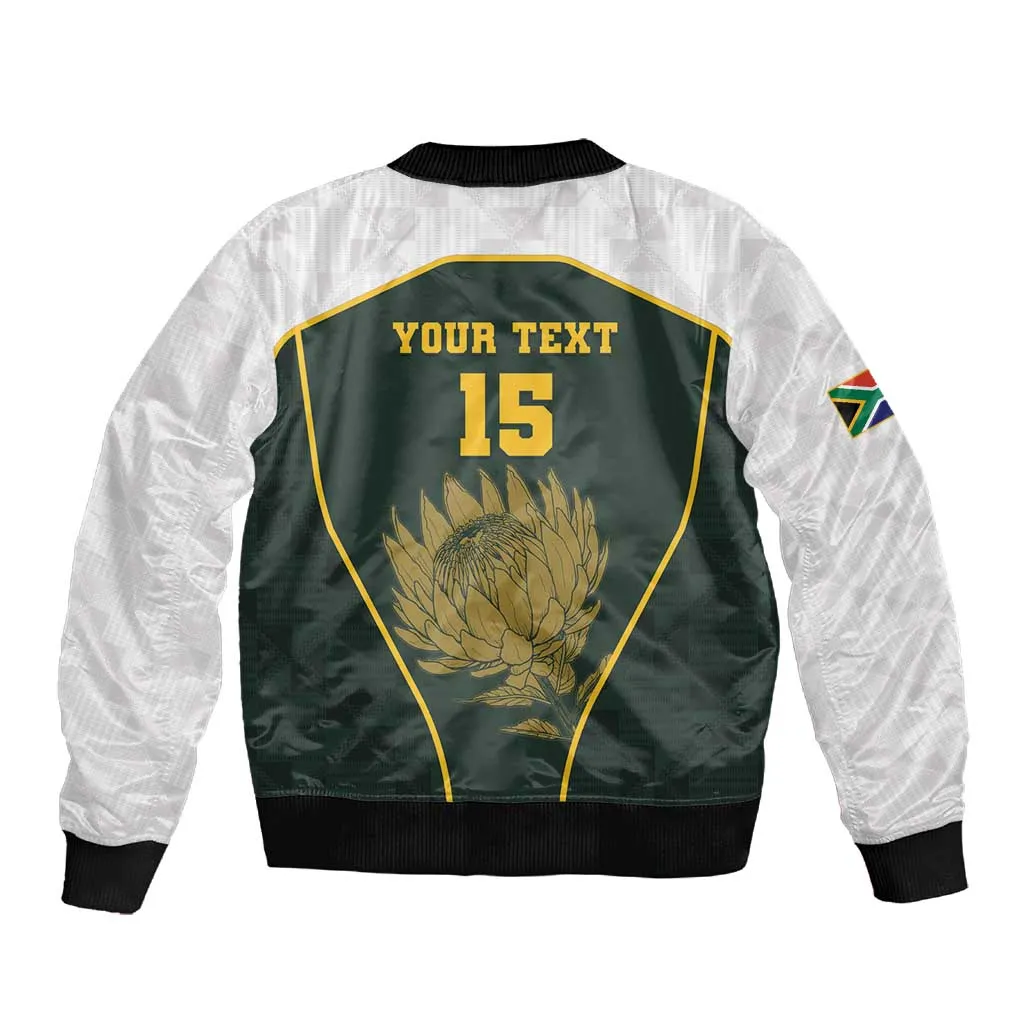 South Africa Rugby Personalised Sleeve Zip Bomber Jacket Springboks Mascot With King Protea -  African Pattern LT15