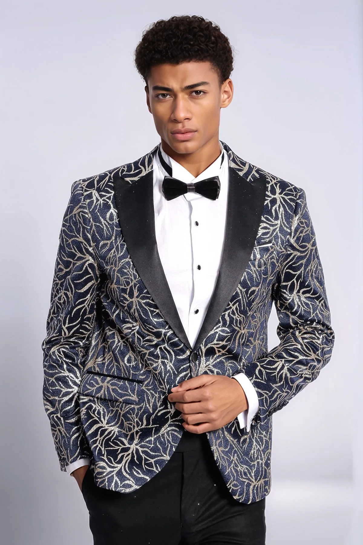Sparkling Ivy Patterned Slim Fit Navy Blue Men Prom Blazer - Wessi