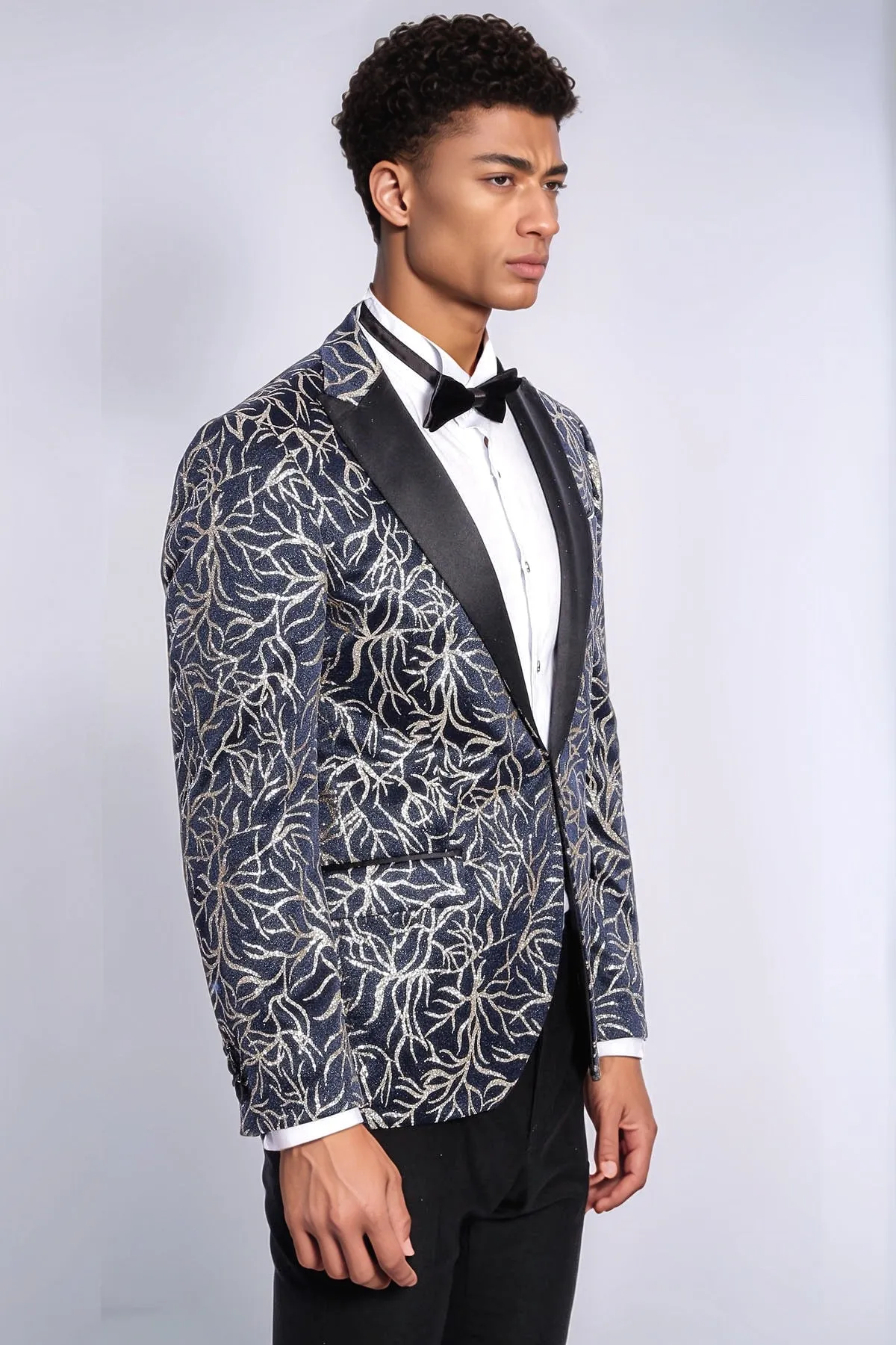 Sparkling Ivy Patterned Slim Fit Navy Blue Men Prom Blazer - Wessi