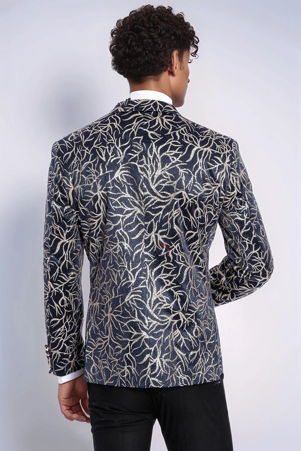 Sparkling Ivy Patterned Slim Fit Navy Blue Men Prom Blazer - Wessi