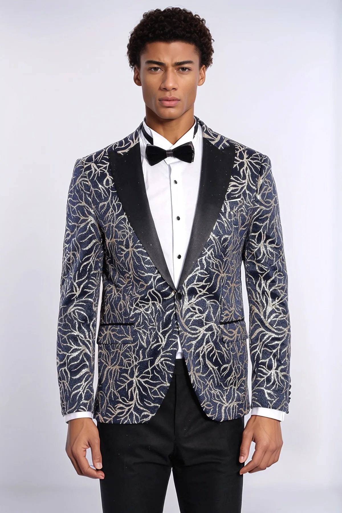 Sparkling Ivy Patterned Slim Fit Navy Blue Men Prom Blazer - Wessi