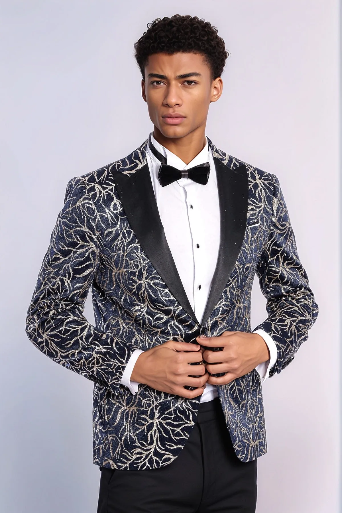Sparkling Ivy Patterned Slim Fit Navy Blue Men Prom Blazer - Wessi