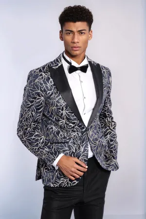 Sparkling Ivy Patterned Slim Fit Navy Blue Men Prom Blazer - Wessi
