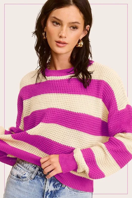 Striped Round Neck Loose Fit Sweater in 3 Colors