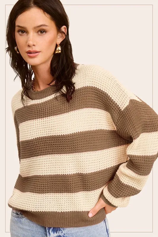 Striped Round Neck Loose Fit Sweater in 3 Colors
