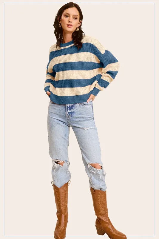 Striped Round Neck Loose Fit Sweater in 3 Colors