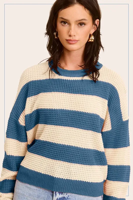 Striped Round Neck Loose Fit Sweater in 3 Colors