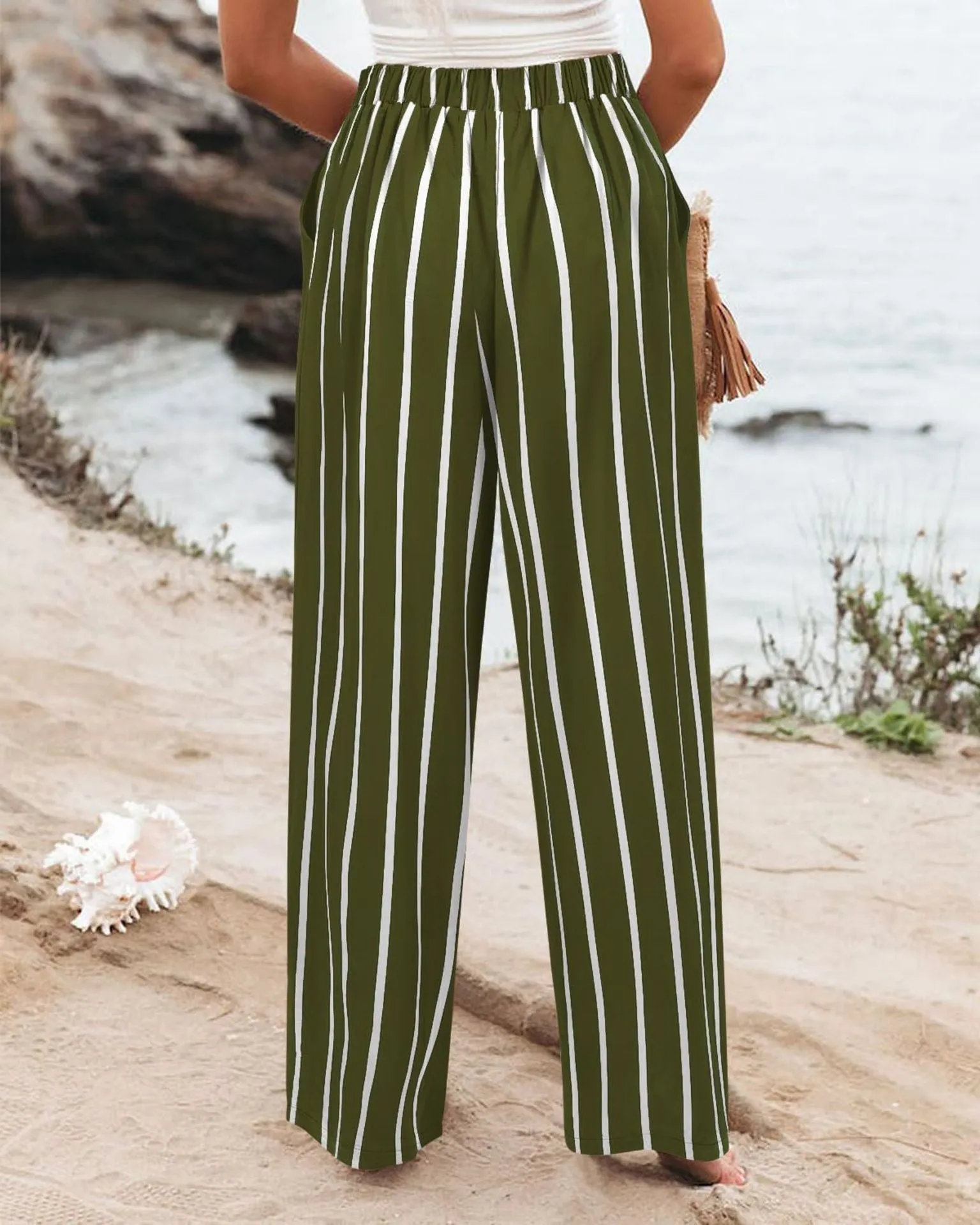 Summer Comfortable High-Waist Trousers with Button Elastic Waist, Wide-Leg Pants for Women, Casual Straight Pants, Slim-Fitting, White-Collar  C-240706-3
