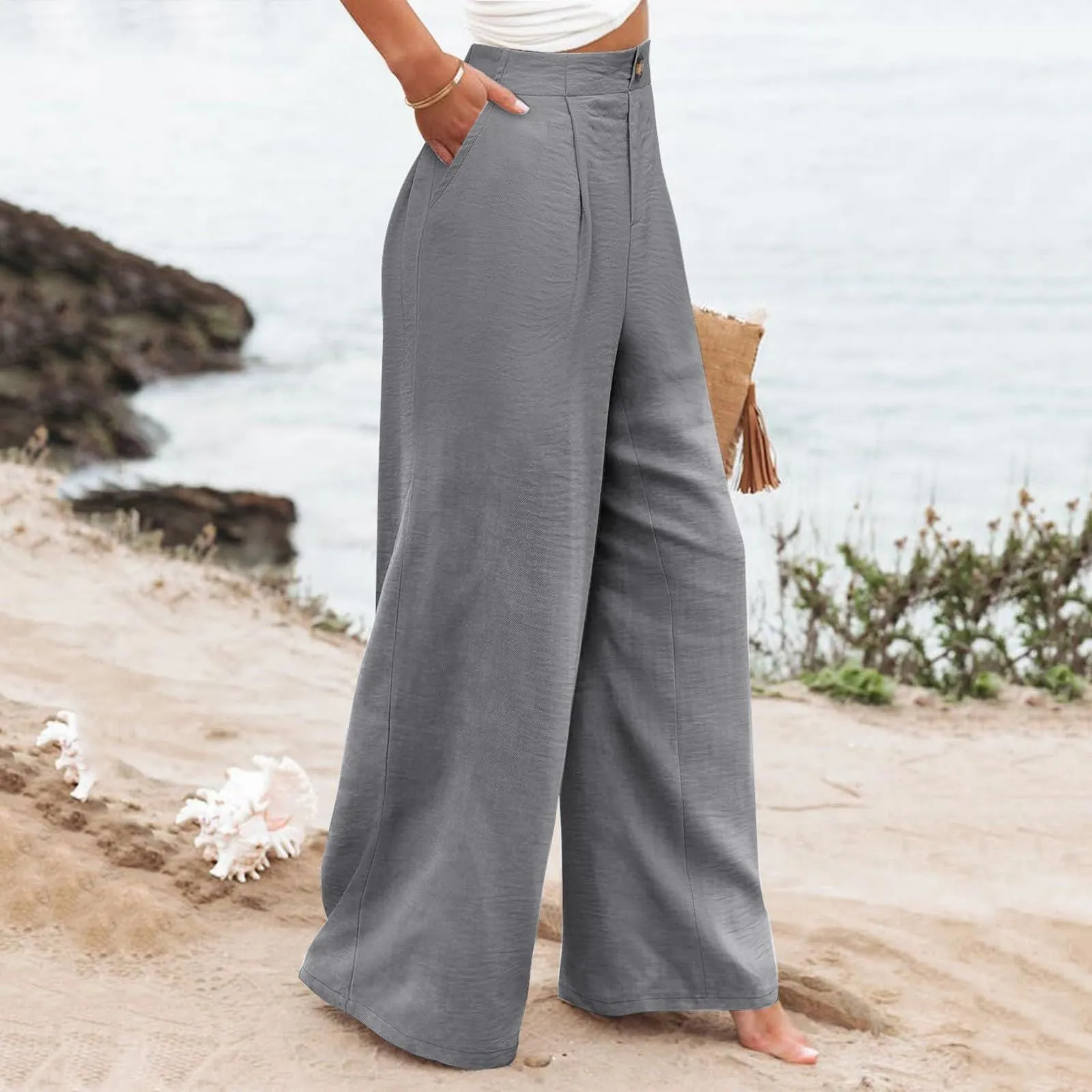 Summer Comfortable High-Waist Trousers with Button Elastic Waist, Wide-Leg Pants for Women, Casual Straight Pants, Slim-Fitting, White-Collar  C-240706-3