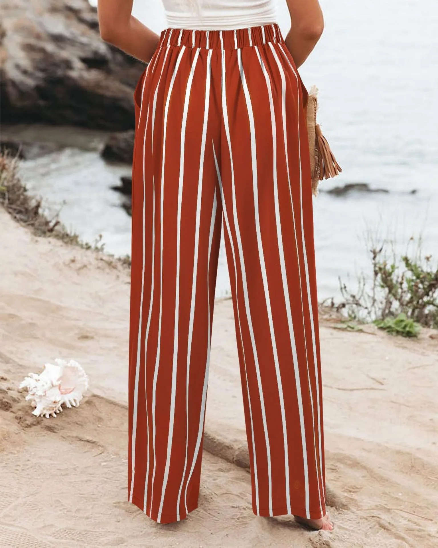 Summer Comfortable High-Waist Trousers with Button Elastic Waist, Wide-Leg Pants for Women, Casual Straight Pants, Slim-Fitting, White-Collar  C-240706-3