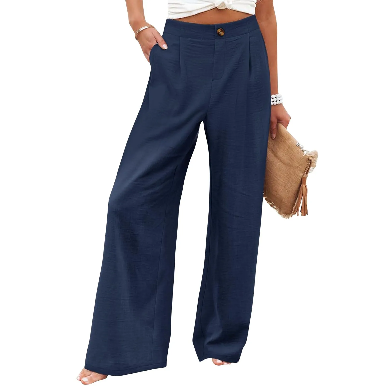 Summer Comfortable High-Waist Trousers with Button Elastic Waist, Wide-Leg Pants for Women, Casual Straight Pants, Slim-Fitting, White-Collar  C-240706-3