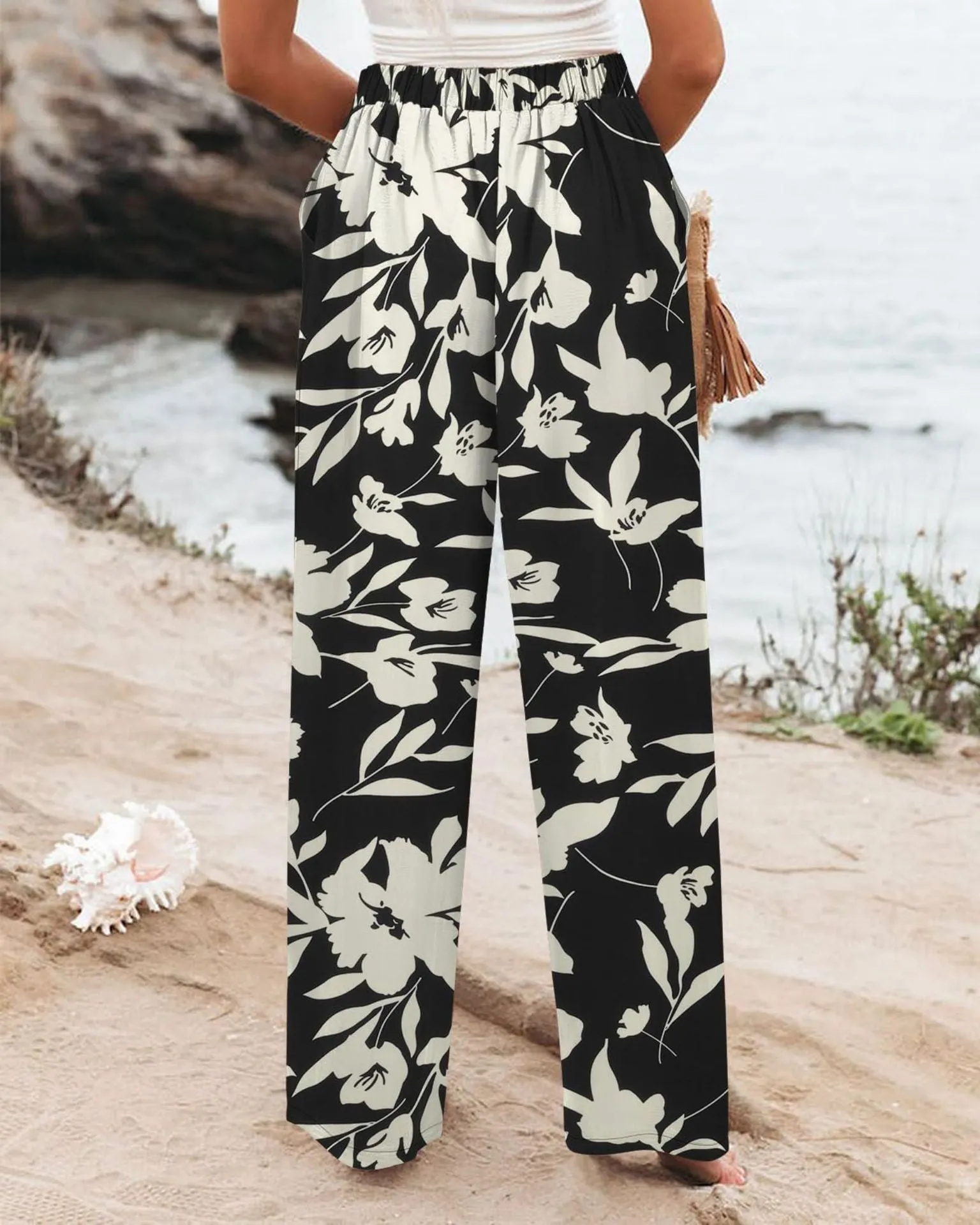 Summer Comfortable High-Waist Trousers with Button Elastic Waist, Wide-Leg Pants for Women, Casual Straight Pants, Slim-Fitting, White-Collar  C-240706-3