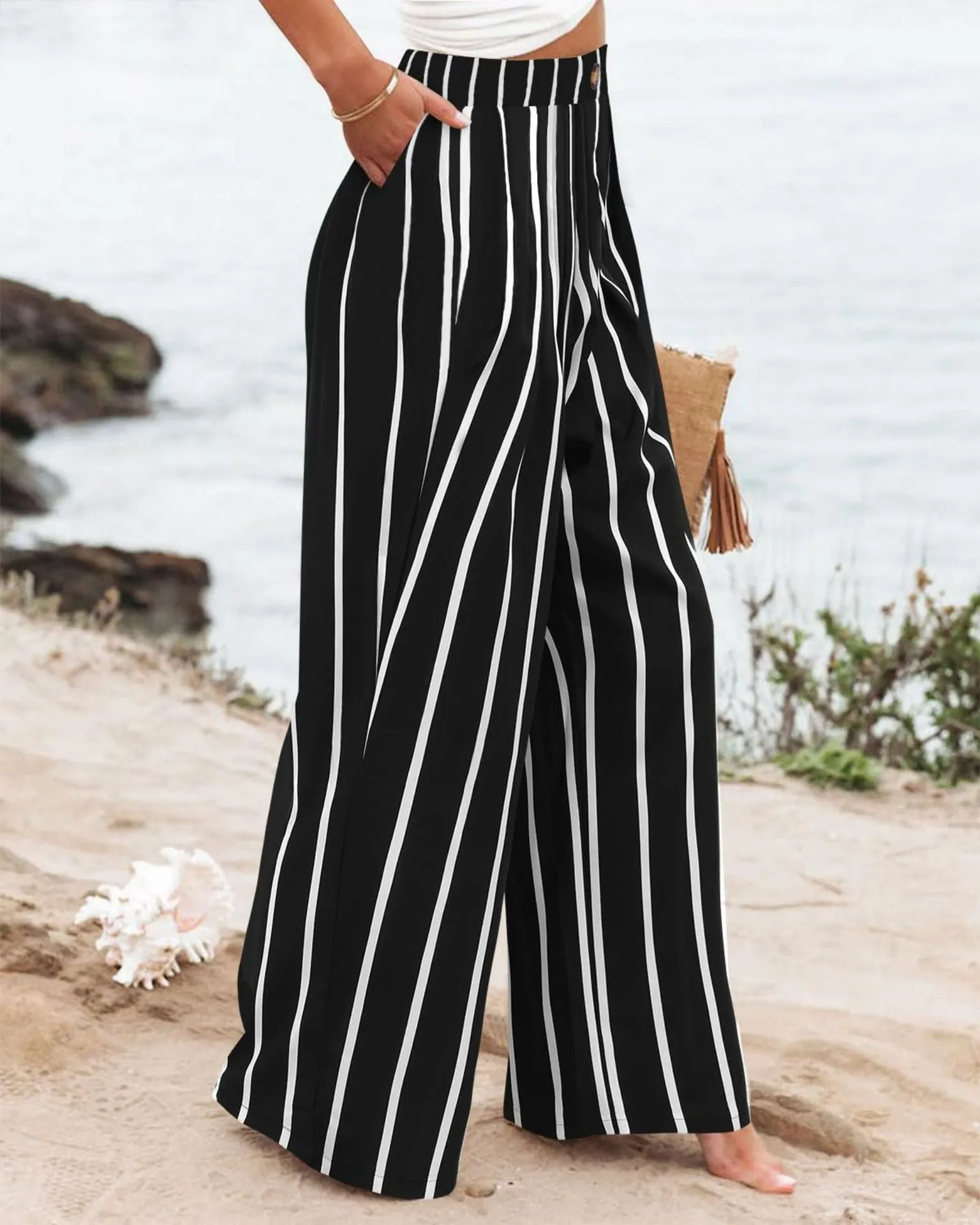 Summer Comfortable High-Waist Trousers with Button Elastic Waist, Wide-Leg Pants for Women, Casual Straight Pants, Slim-Fitting, White-Collar  C-240706-3