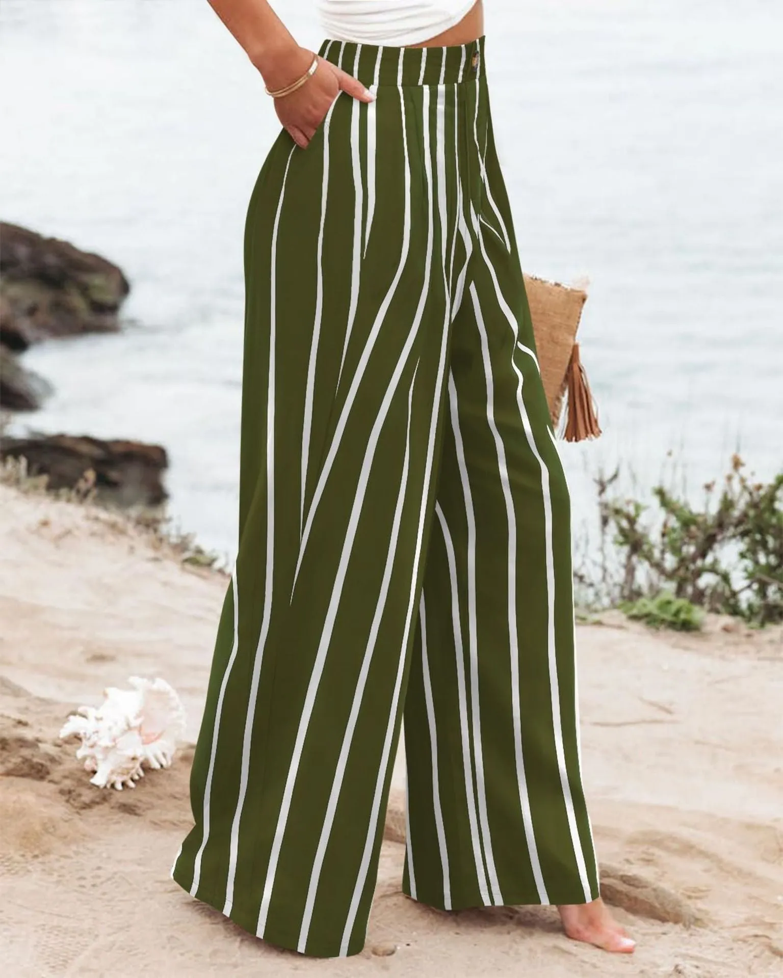 Summer Comfortable High-Waist Trousers with Button Elastic Waist, Wide-Leg Pants for Women, Casual Straight Pants, Slim-Fitting, White-Collar  C-240706-3