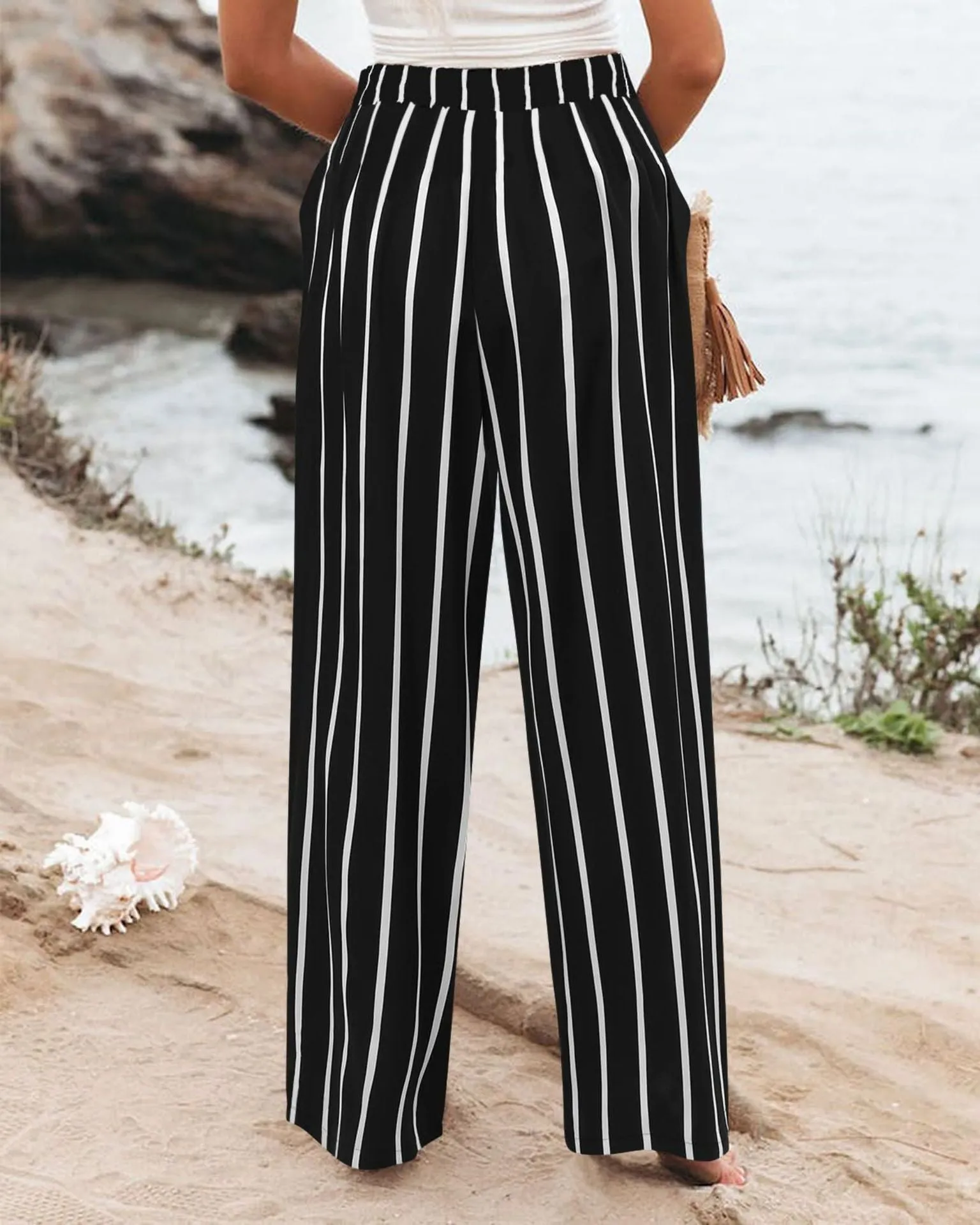 Summer Comfortable High-Waist Trousers with Button Elastic Waist, Wide-Leg Pants for Women, Casual Straight Pants, Slim-Fitting, White-Collar  C-240706-3