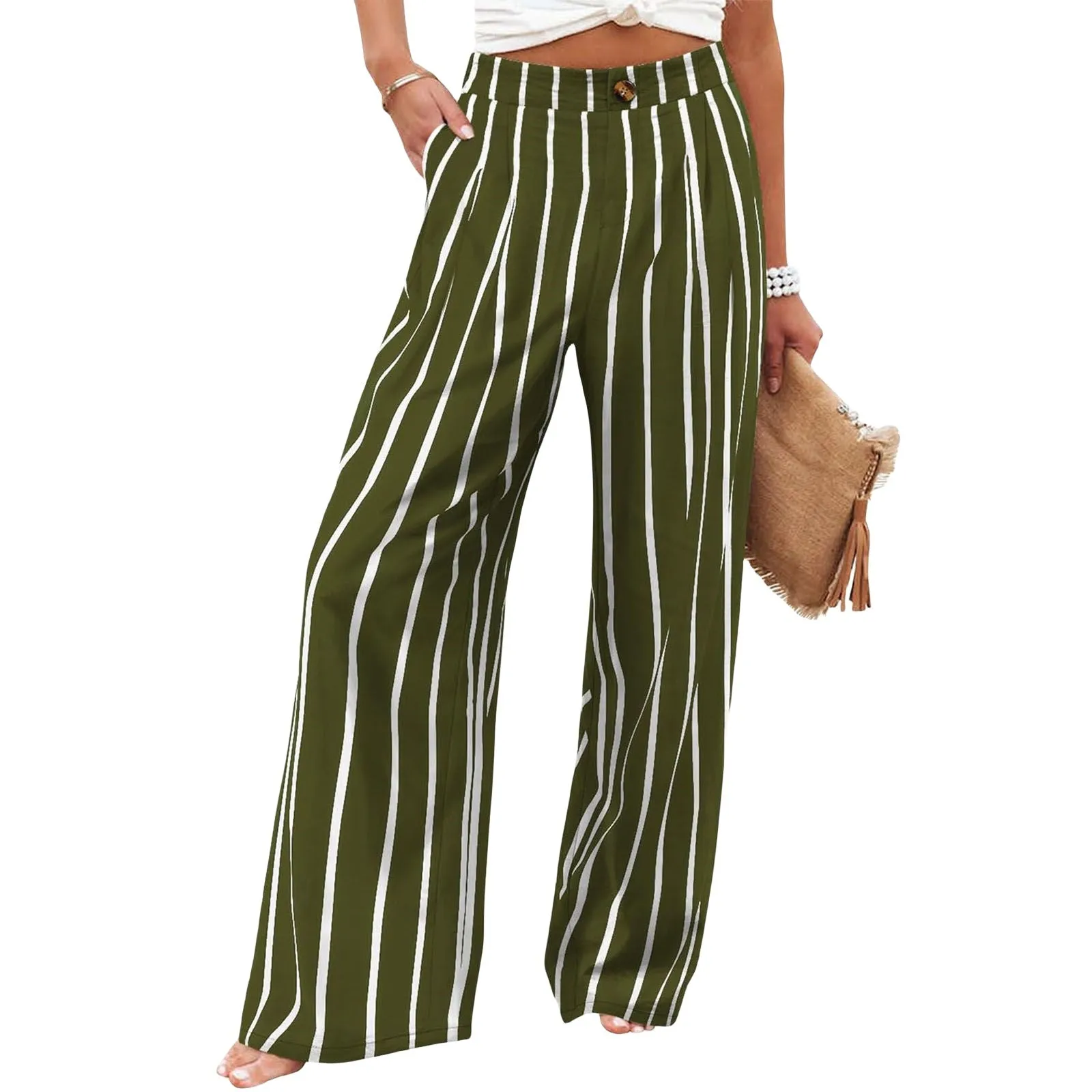 Summer Comfortable High-Waist Trousers with Button Elastic Waist, Wide-Leg Pants for Women, Casual Straight Pants, Slim-Fitting, White-Collar  C-240706-3