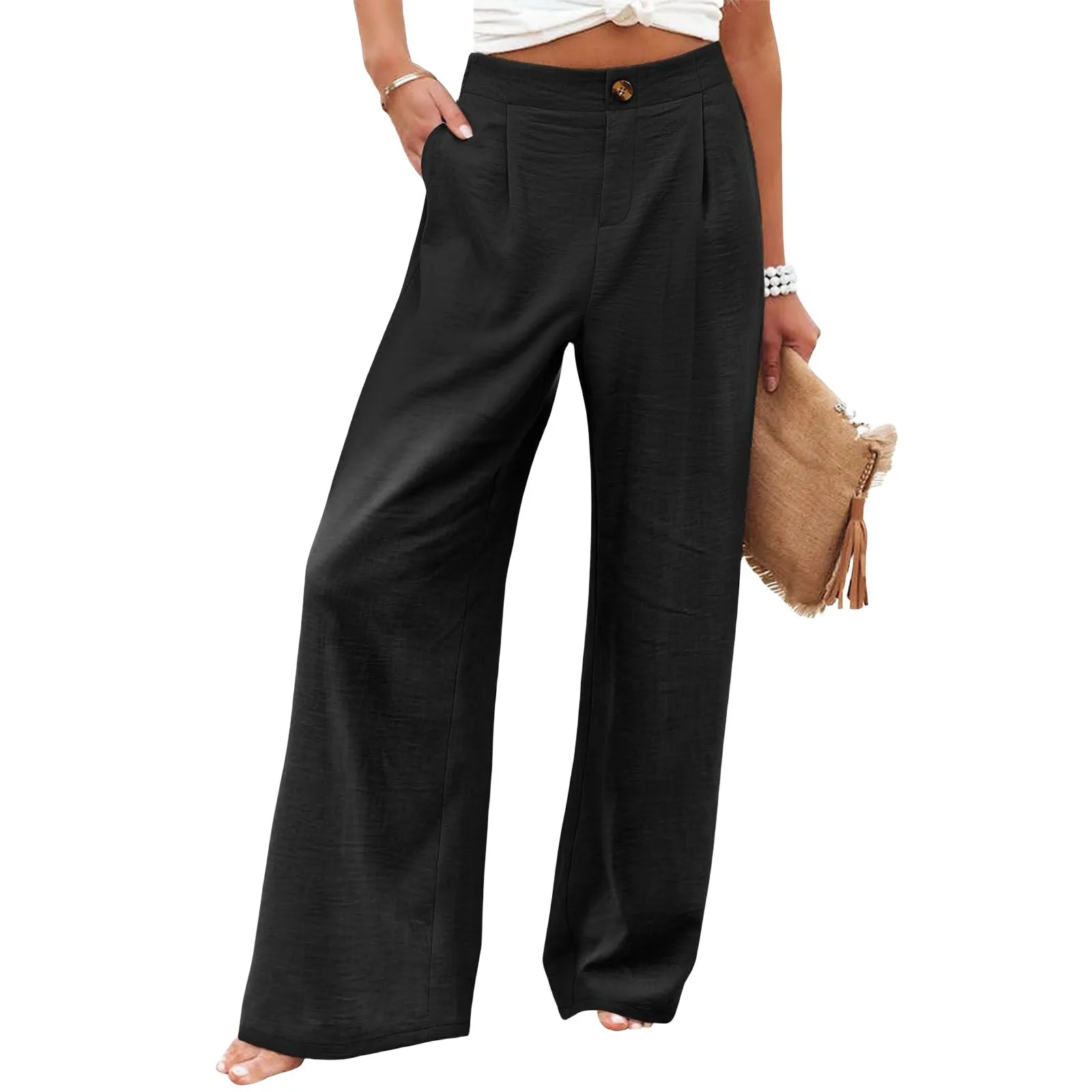 Summer Comfortable High-Waist Trousers with Button Elastic Waist, Wide-Leg Pants for Women, Casual Straight Pants, Slim-Fitting, White-Collar  C-240706-3