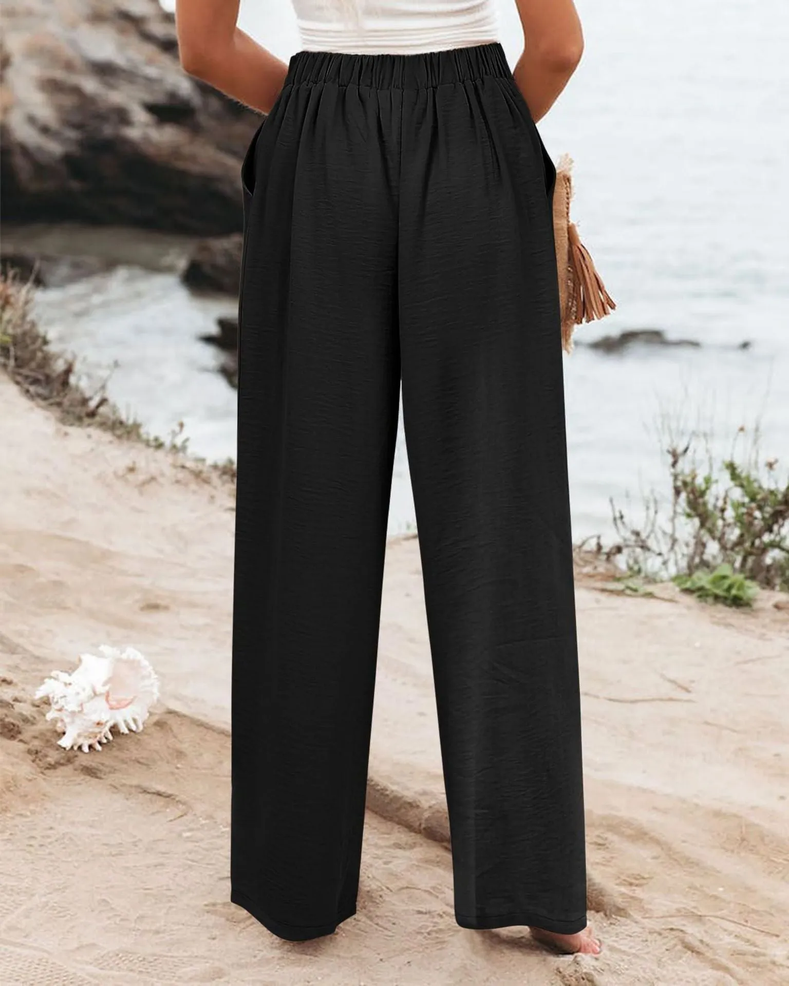 Summer Comfortable High-Waist Trousers with Button Elastic Waist, Wide-Leg Pants for Women, Casual Straight Pants, Slim-Fitting, White-Collar  C-240706-3