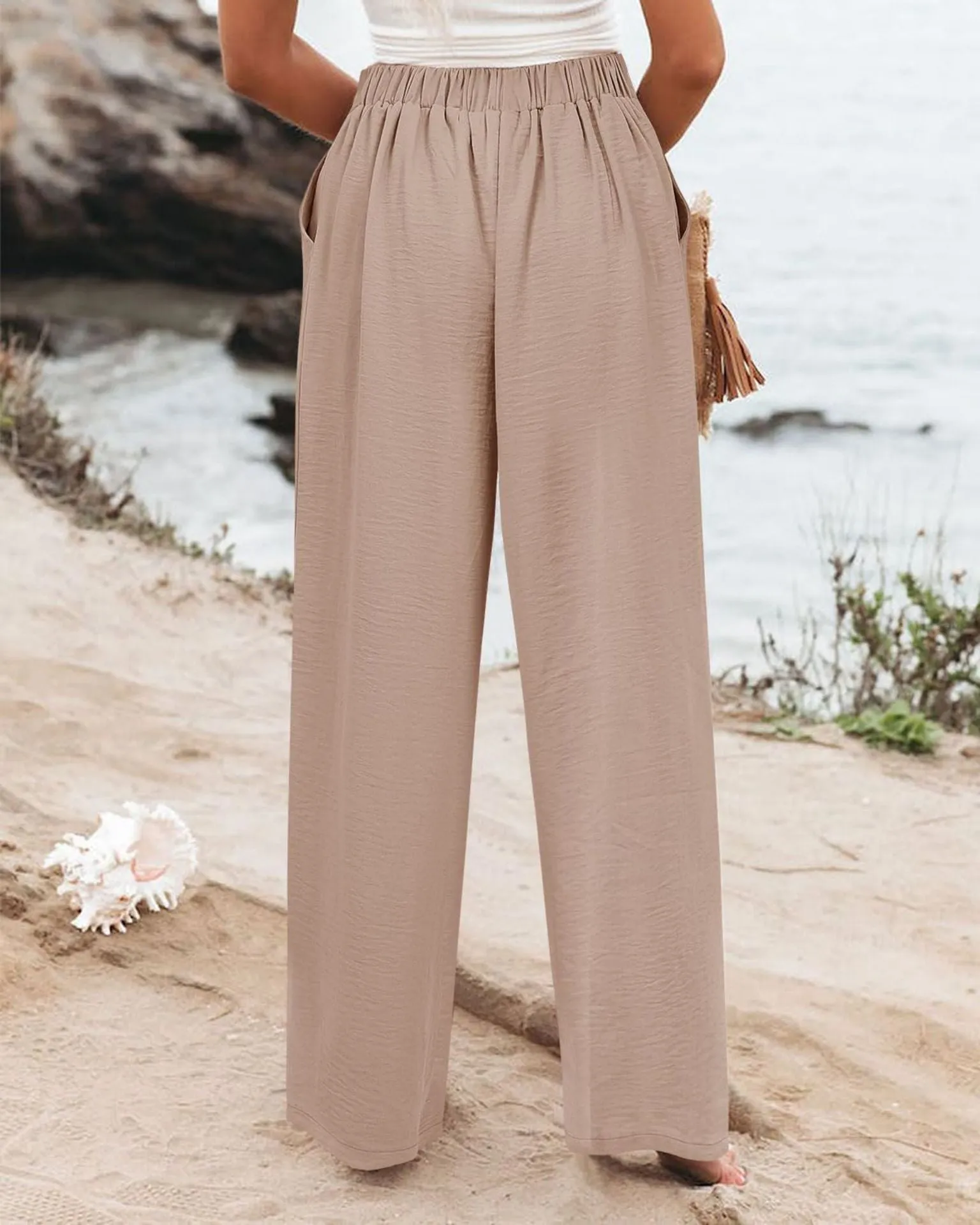 Summer Comfortable High-Waist Trousers with Button Elastic Waist, Wide-Leg Pants for Women, Casual Straight Pants, Slim-Fitting, White-Collar  C-240706-3