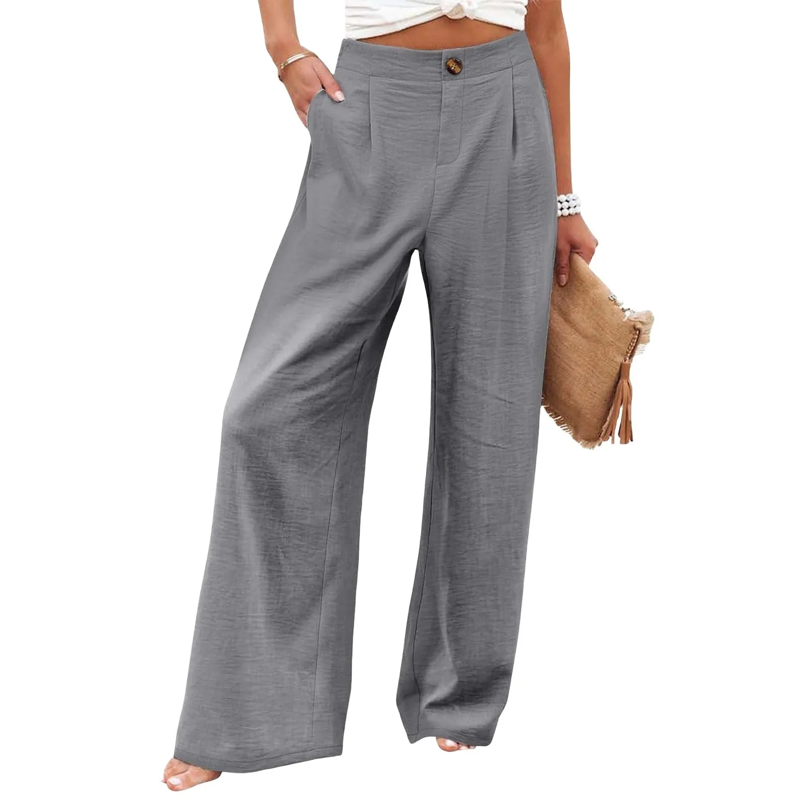 Summer Comfortable High-Waist Trousers with Button Elastic Waist, Wide-Leg Pants for Women, Casual Straight Pants, Slim-Fitting, White-Collar  C-240706-3