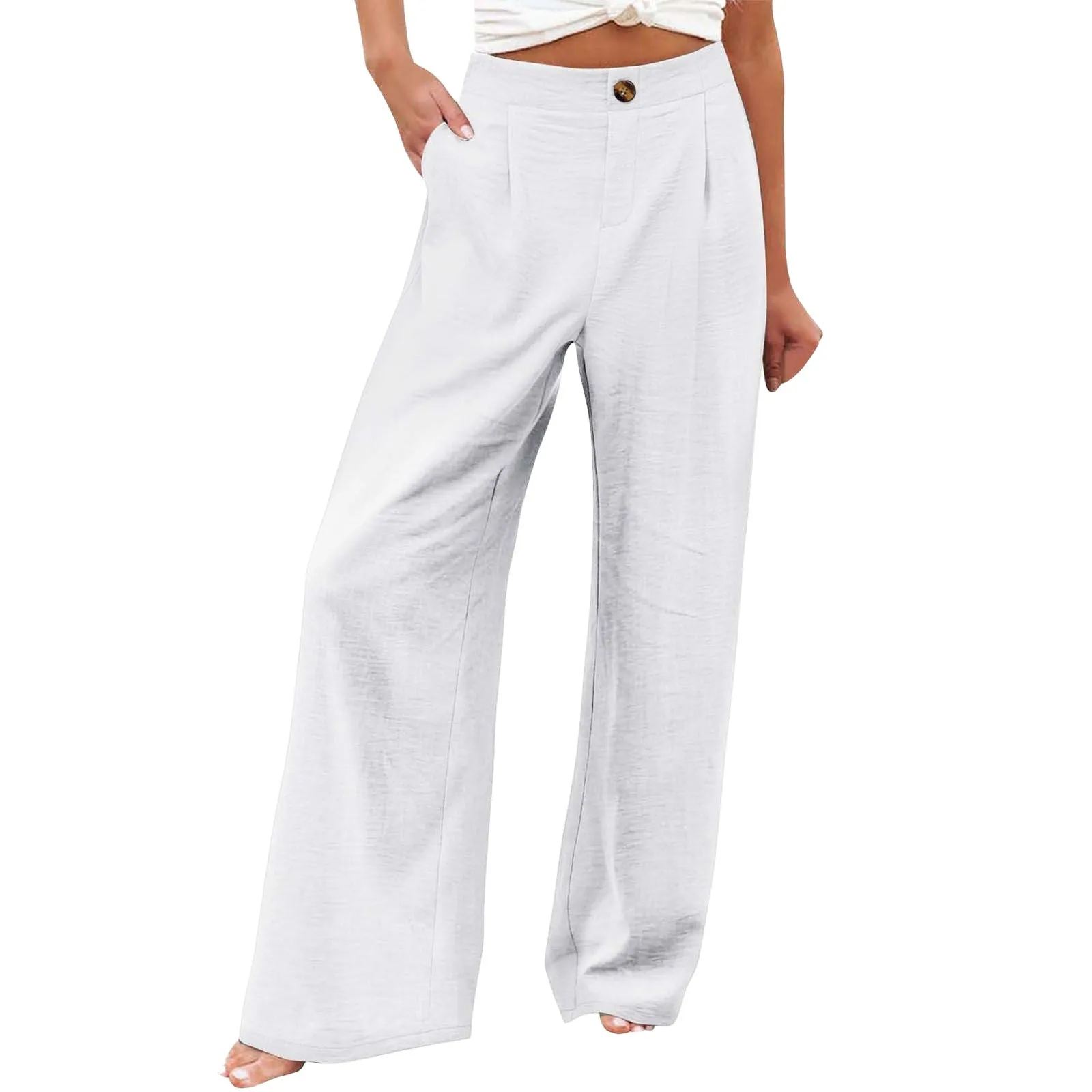 Summer Comfortable High-Waist Trousers with Button Elastic Waist, Wide-Leg Pants for Women, Casual Straight Pants, Slim-Fitting, White-Collar  C-240706-3
