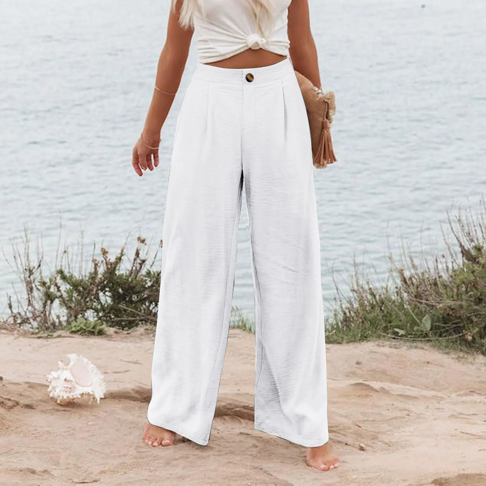 Summer Comfortable High-Waist Trousers with Button Elastic Waist, Wide-Leg Pants for Women, Casual Straight Pants, Slim-Fitting, White-Collar  C-240706-3