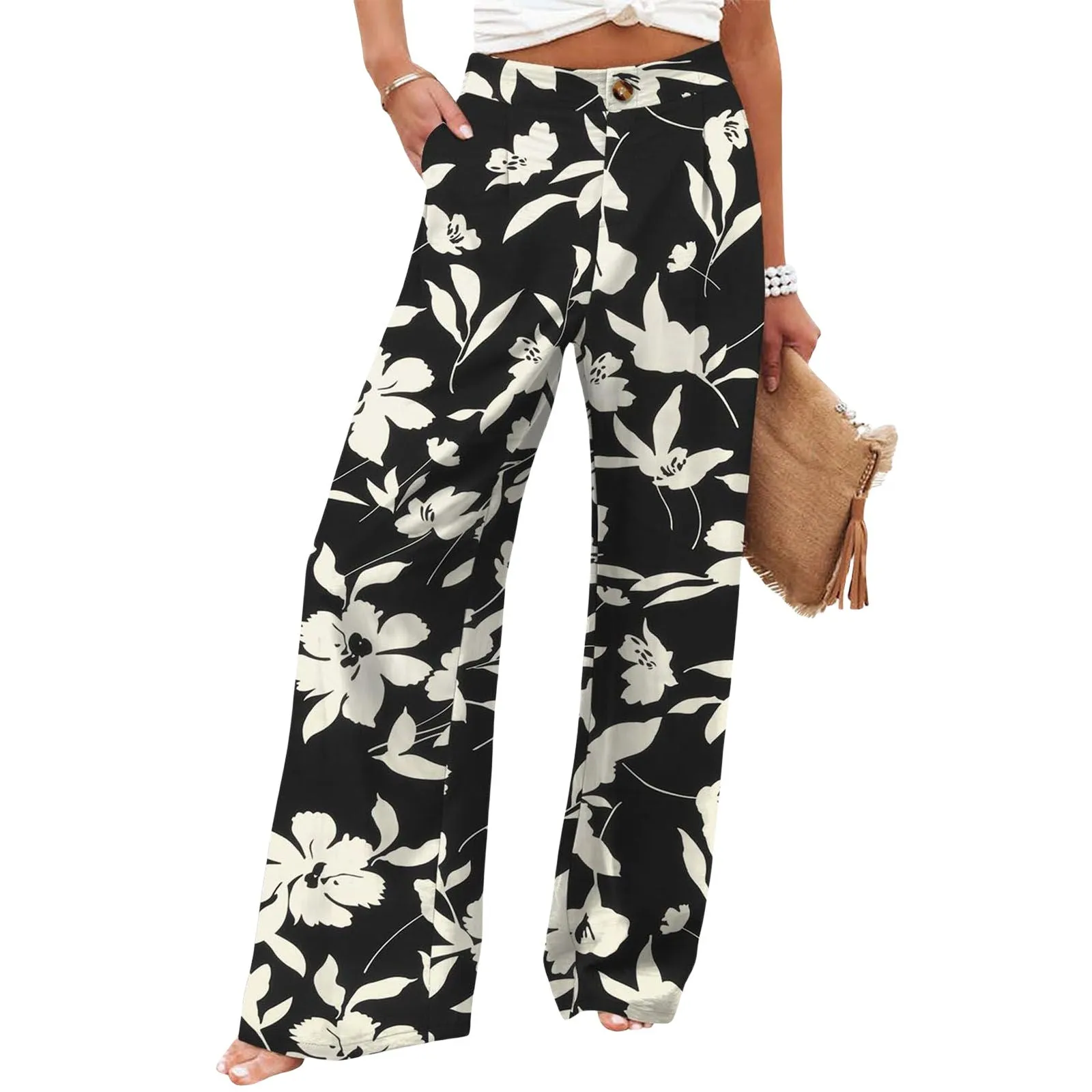 Summer Comfortable High-Waist Trousers with Button Elastic Waist, Wide-Leg Pants for Women, Casual Straight Pants, Slim-Fitting, White-Collar  C-240706-3