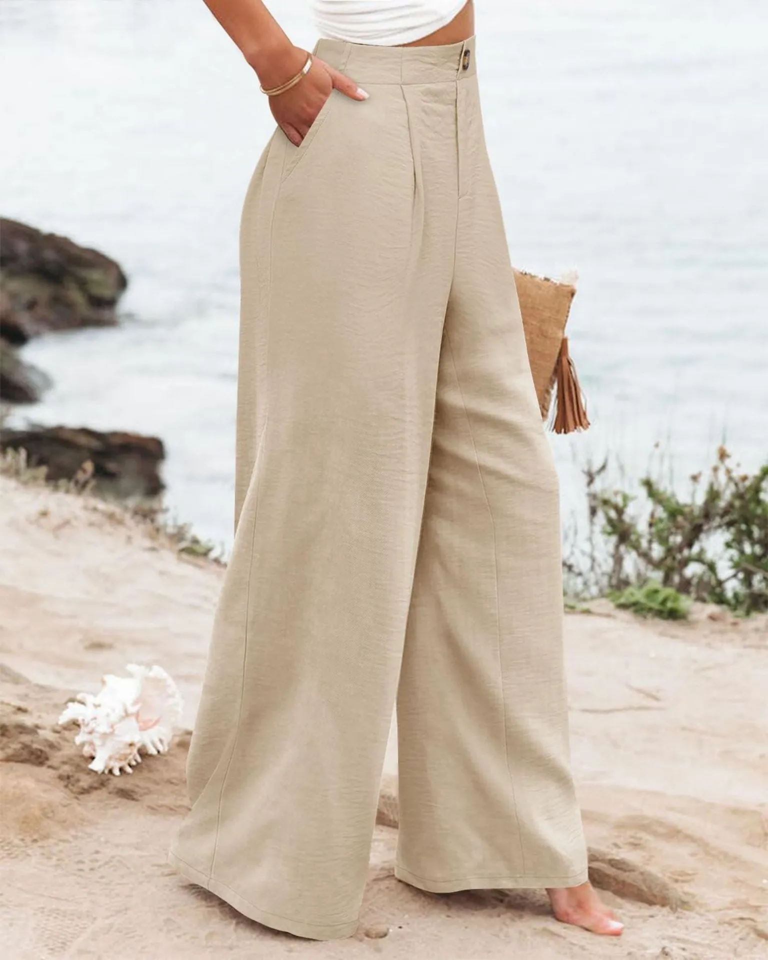Summer Comfortable High-Waist Trousers with Button Elastic Waist, Wide-Leg Pants for Women, Casual Straight Pants, Slim-Fitting, White-Collar  C-240706-3