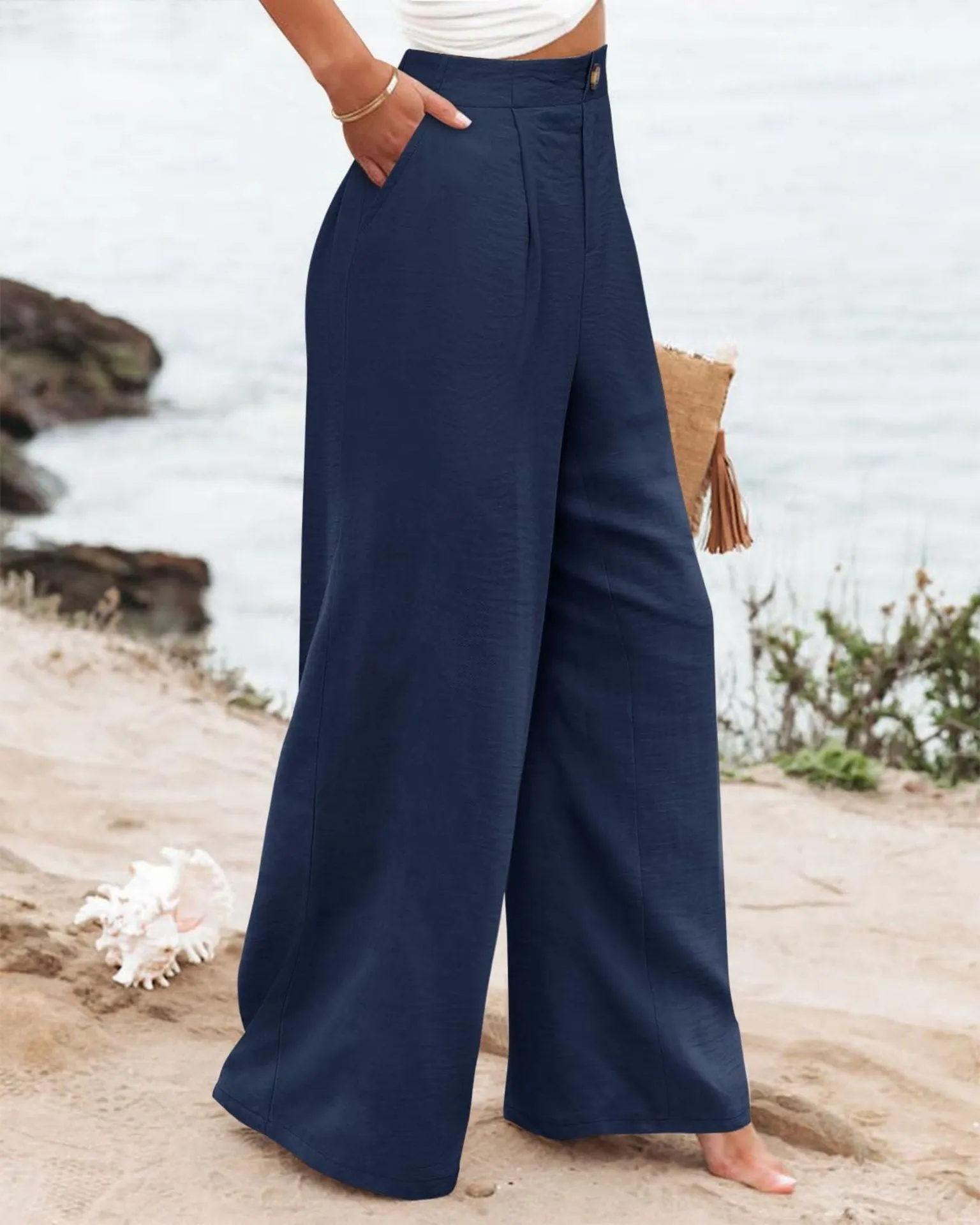 Summer Comfortable High-Waist Trousers with Button Elastic Waist, Wide-Leg Pants for Women, Casual Straight Pants, Slim-Fitting, White-Collar  C-240706-3