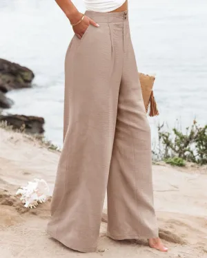 Summer Comfortable High-Waist Trousers with Button Elastic Waist, Wide-Leg Pants for Women, Casual Straight Pants, Slim-Fitting, White-Collar  C-240706-3