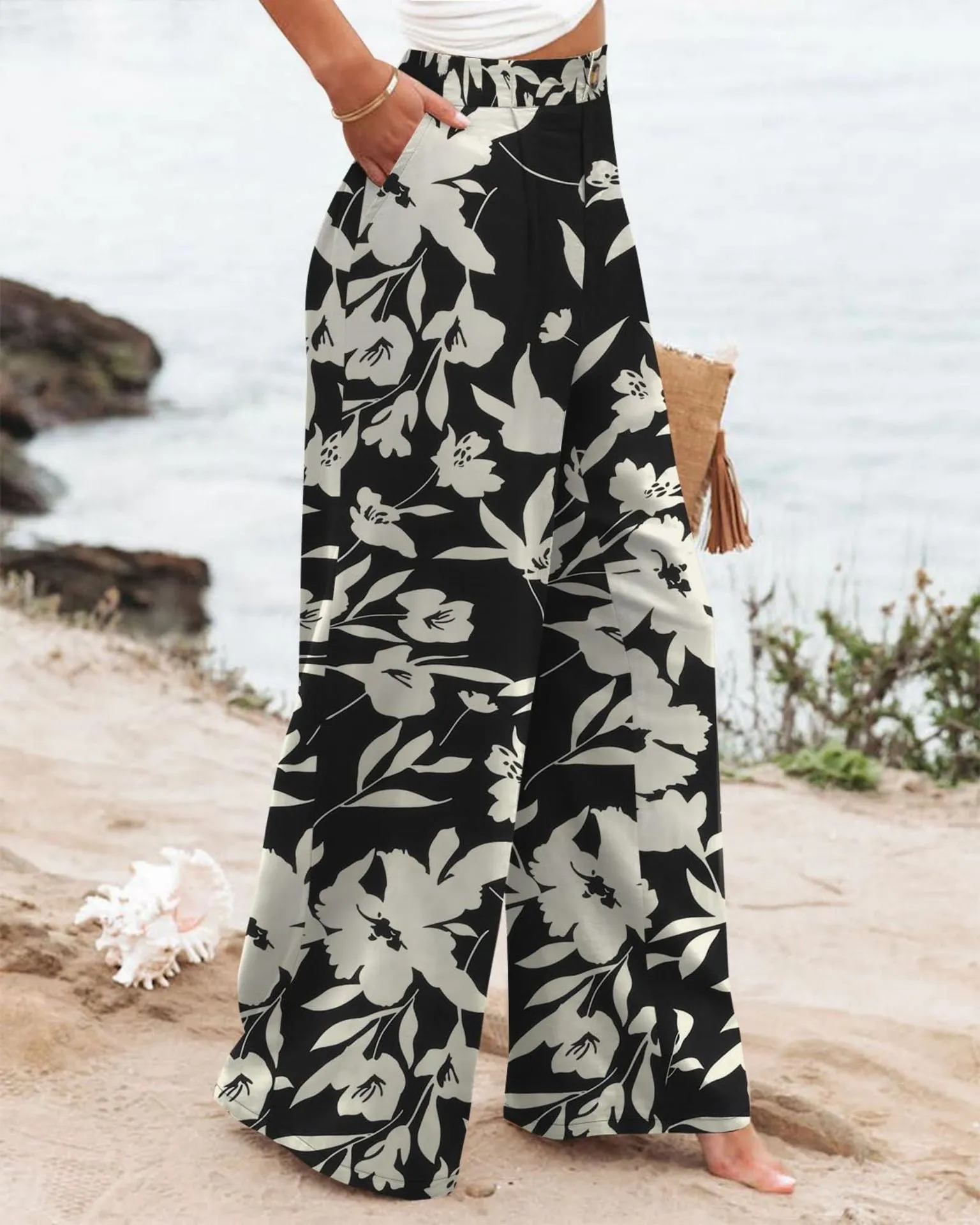 Summer Comfortable High-Waist Trousers with Button Elastic Waist, Wide-Leg Pants for Women, Casual Straight Pants, Slim-Fitting, White-Collar  C-240706-3