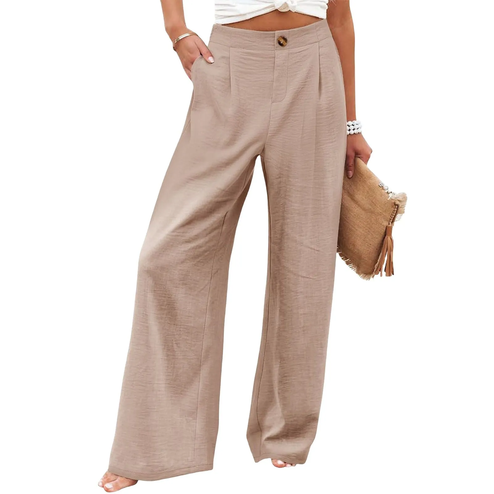 Summer Comfortable High-Waist Trousers with Button Elastic Waist, Wide-Leg Pants for Women, Casual Straight Pants, Slim-Fitting, White-Collar  C-240706-3