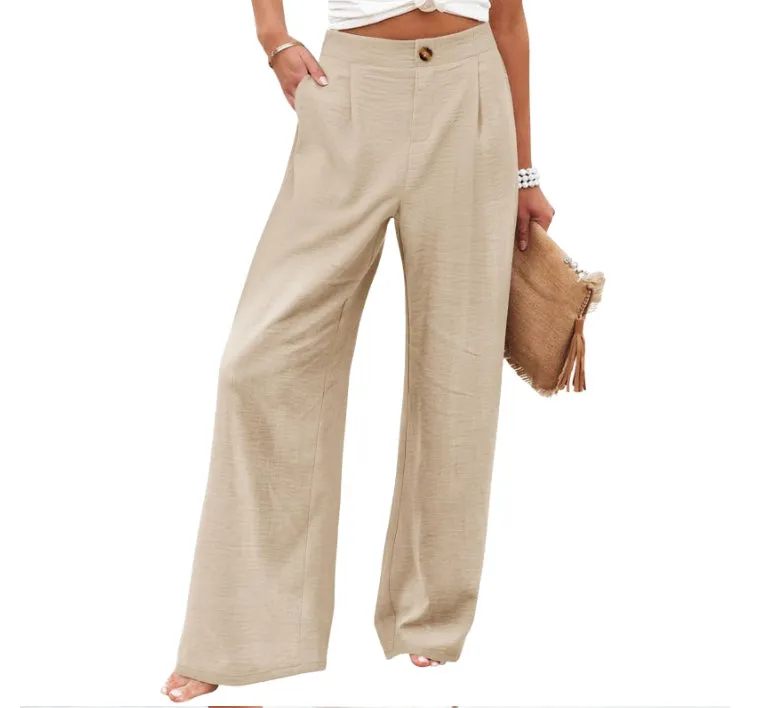 Summer Comfortable High-Waist Trousers with Button Elastic Waist, Wide-Leg Pants for Women, Casual Straight Pants, Slim-Fitting, White-Collar  C-240706-3