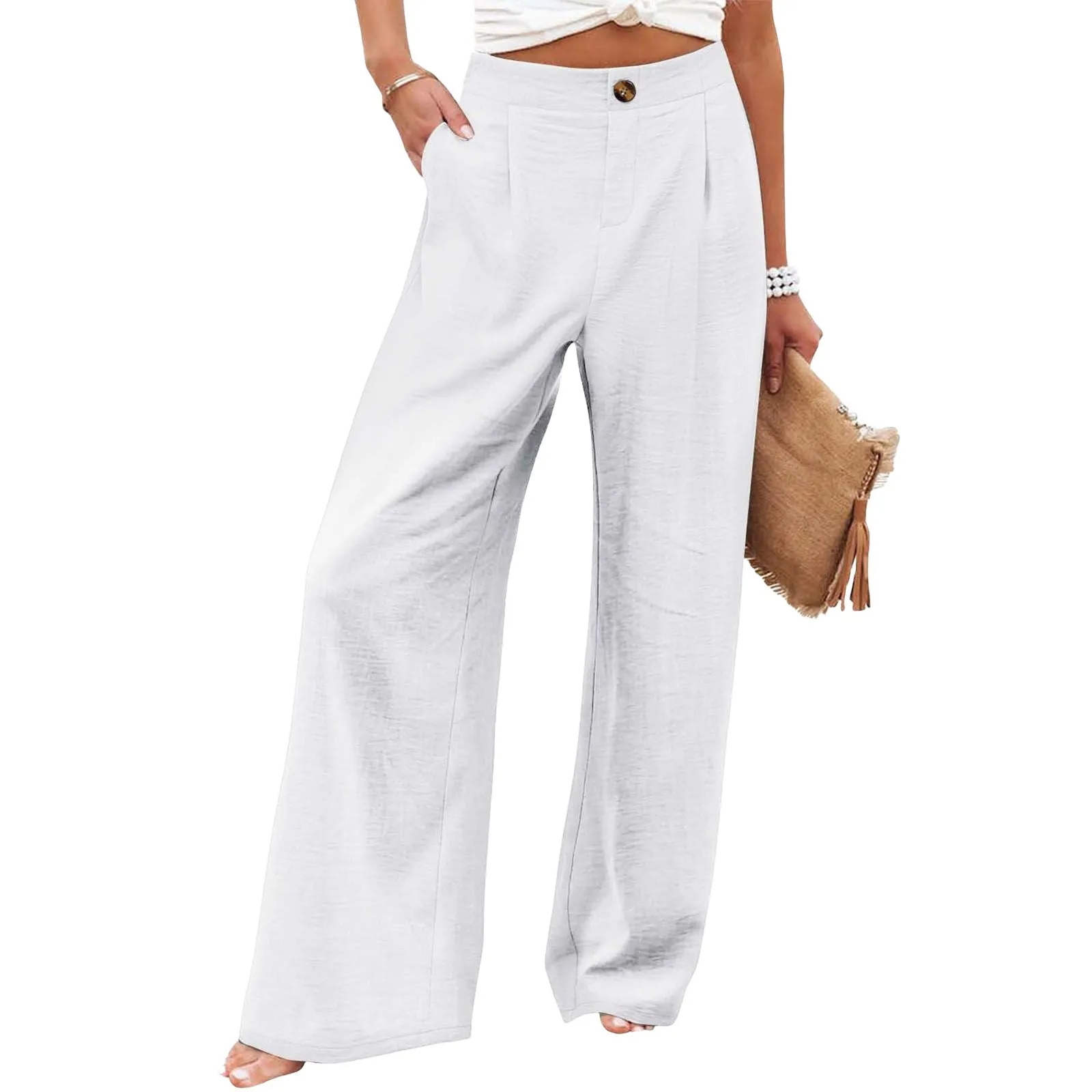 Summer Comfortable High-Waist Trousers with Button Elastic Waist, Wide-Leg Pants for Women, Casual Straight Pants, Slim-Fitting, White-Collar  C-240706-3
