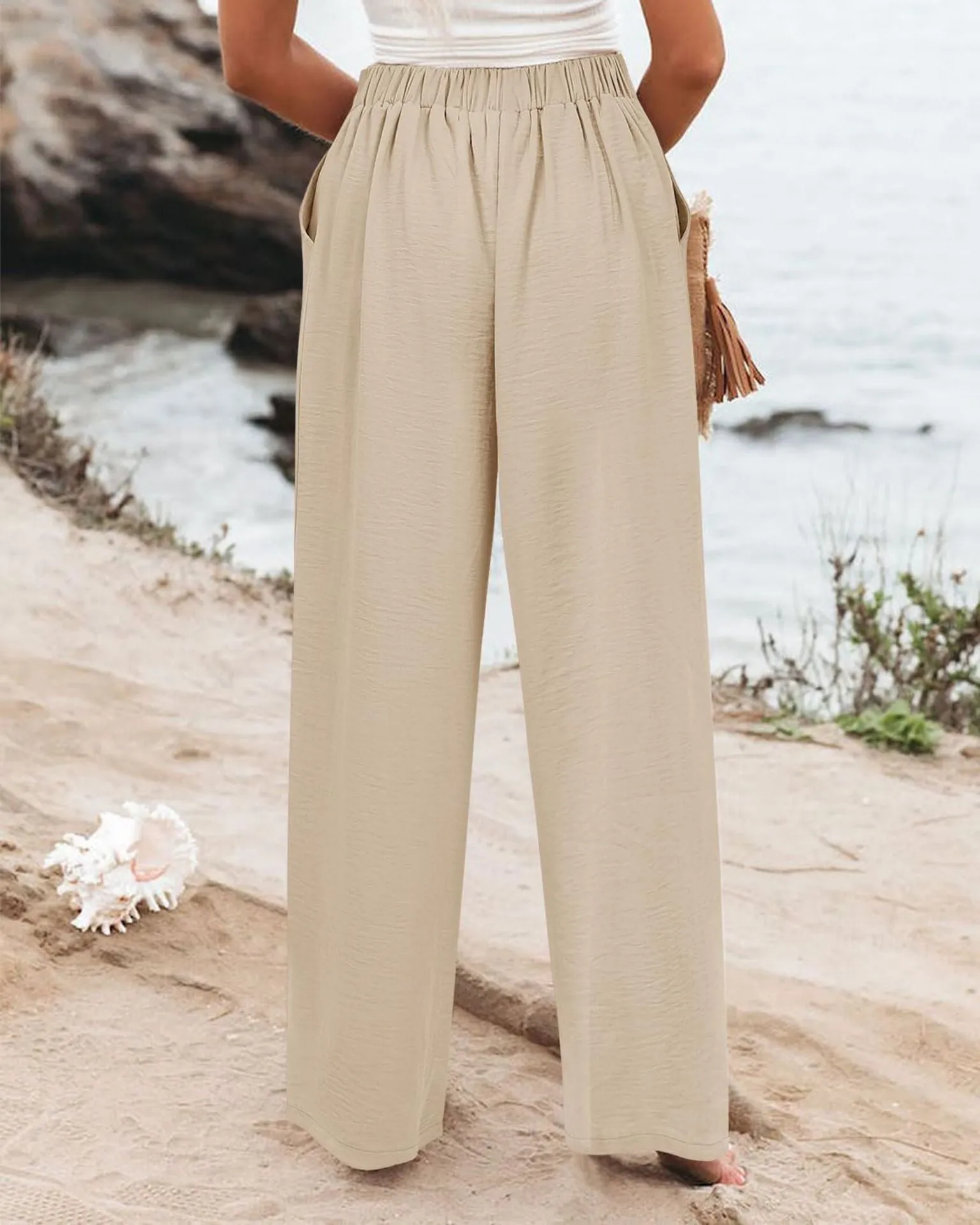 Summer Comfortable High-Waist Trousers with Button Elastic Waist, Wide-Leg Pants for Women, Casual Straight Pants, Slim-Fitting, White-Collar  C-240706-3