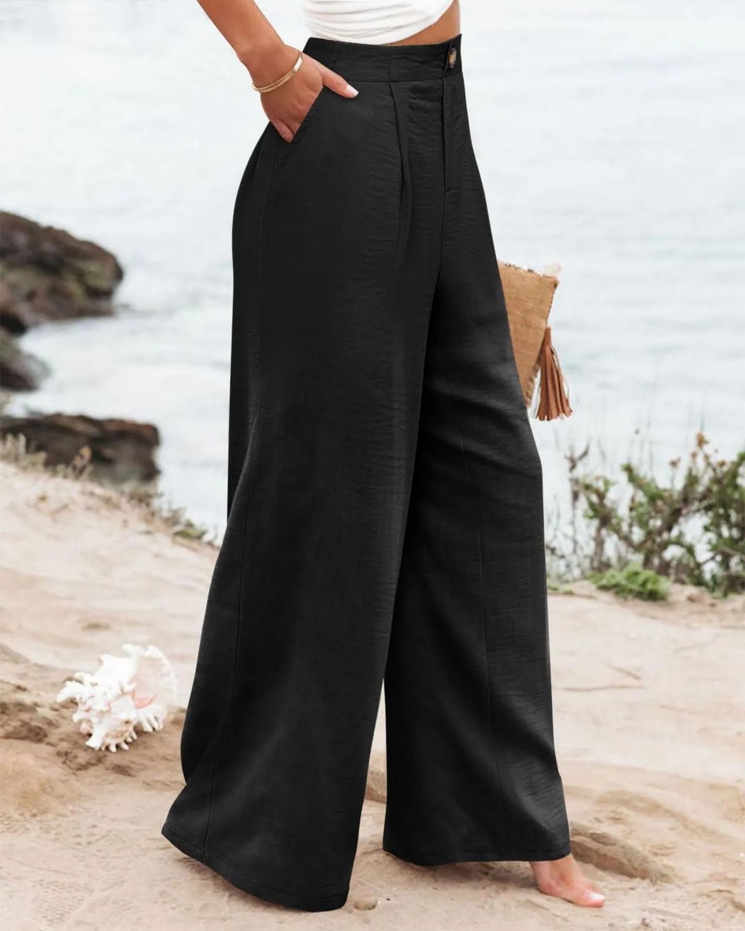 Summer Comfortable High-Waist Trousers with Button Elastic Waist, Wide-Leg Pants for Women, Casual Straight Pants, Slim-Fitting, White-Collar  C-240706-3