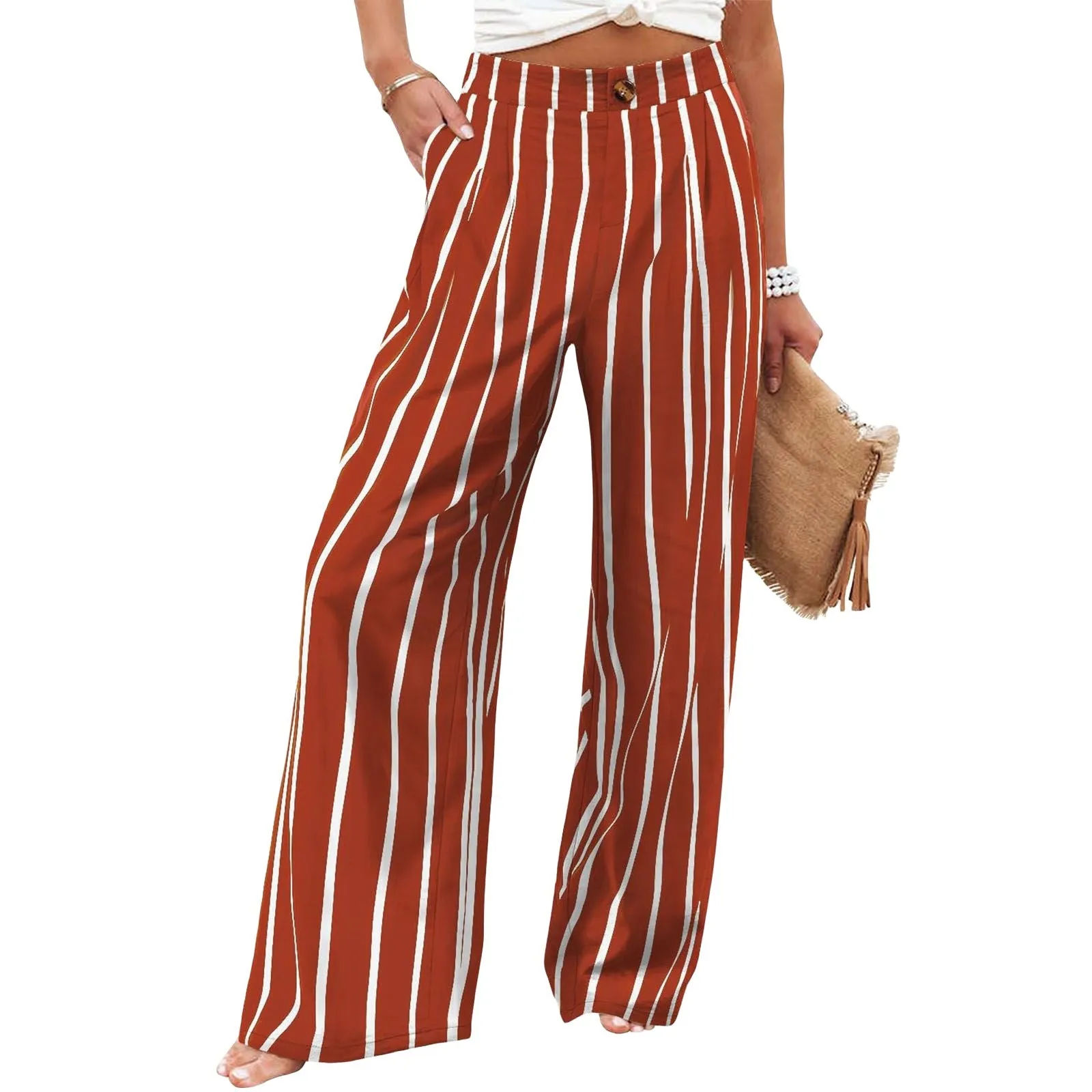 Summer Comfortable High-Waist Trousers with Button Elastic Waist, Wide-Leg Pants for Women, Casual Straight Pants, Slim-Fitting, White-Collar  C-240706-3