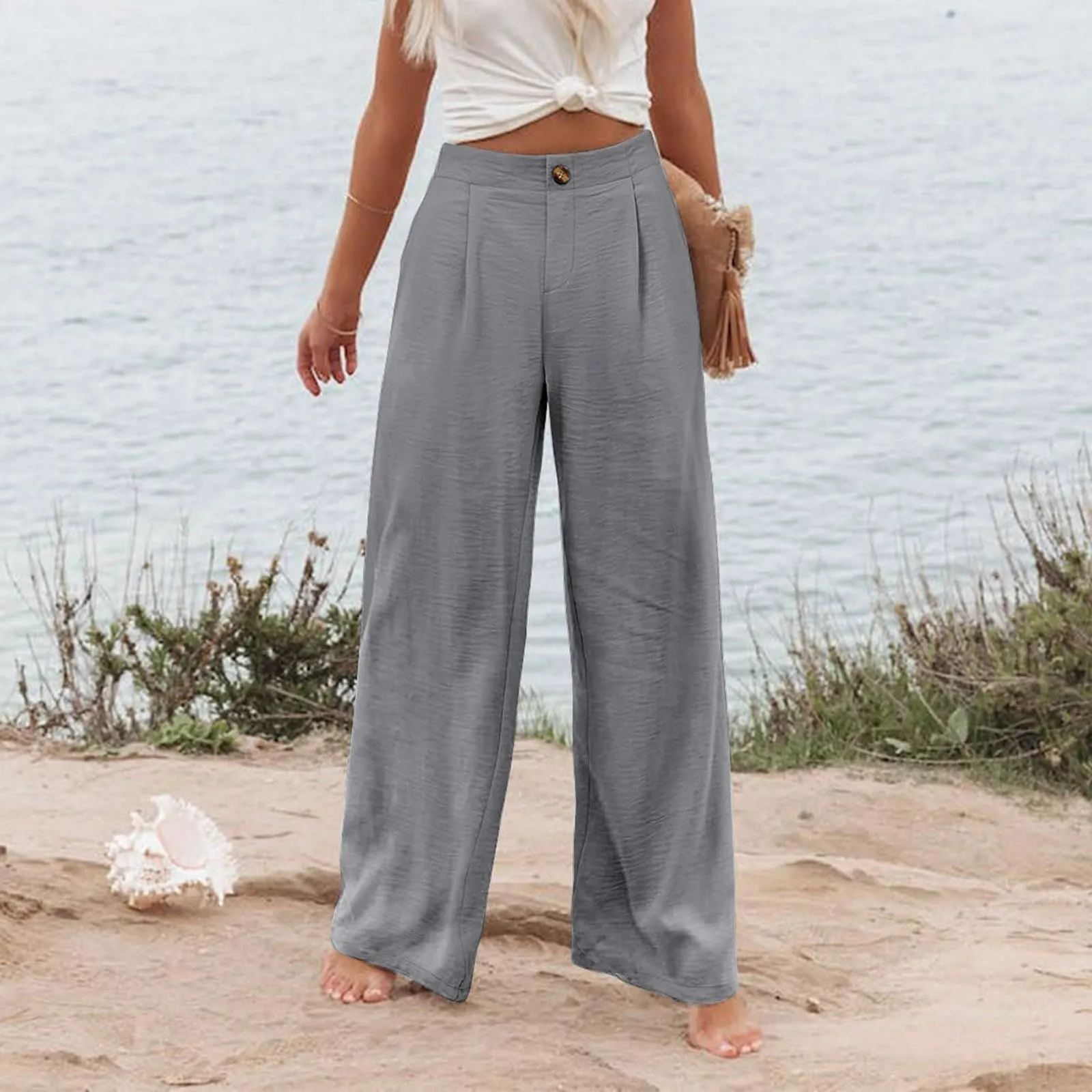 Summer Comfortable High-Waist Trousers with Button Elastic Waist, Wide-Leg Pants for Women, Casual Straight Pants, Slim-Fitting, White-Collar  C-240706-3