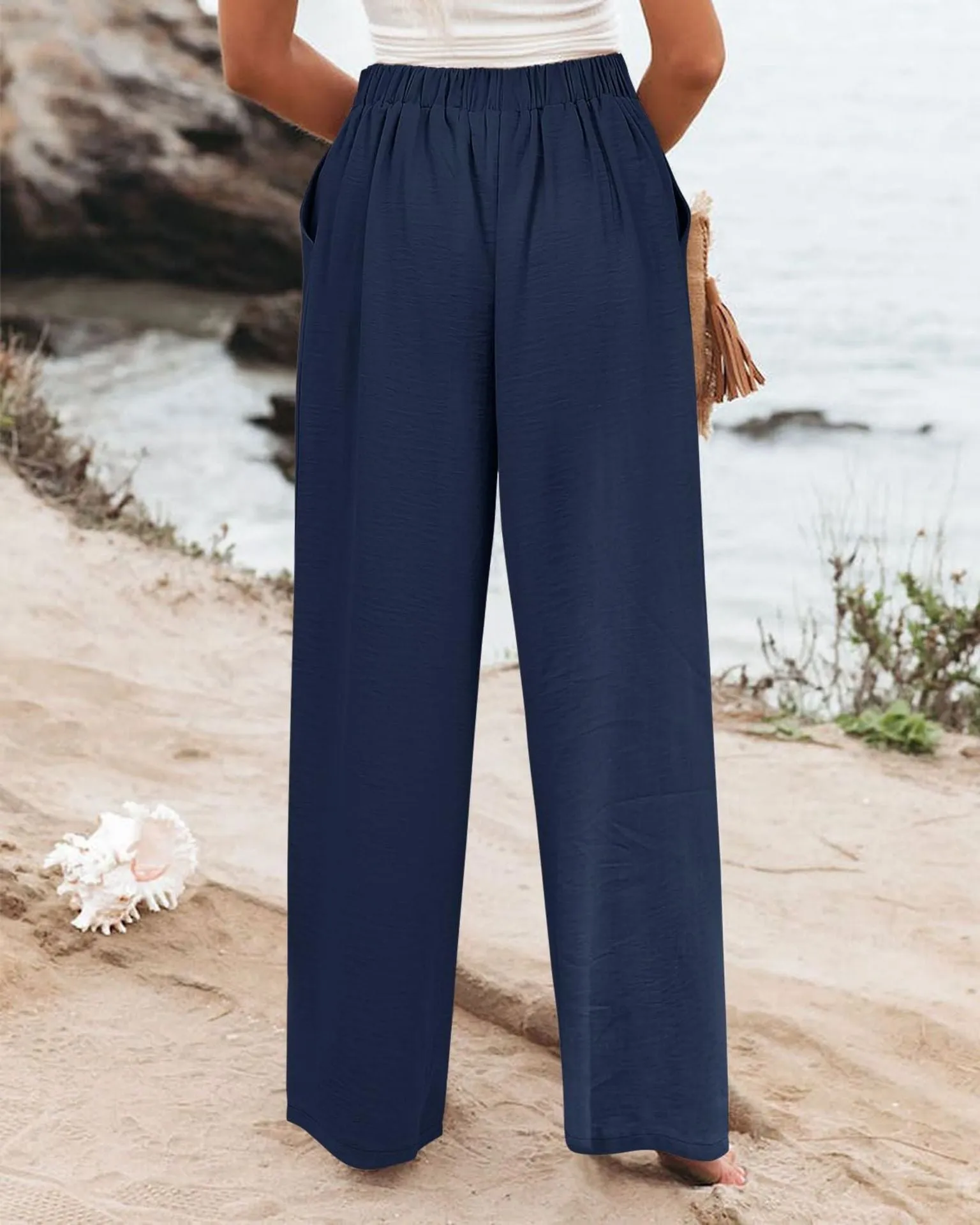 Summer Comfortable High-Waist Trousers with Button Elastic Waist, Wide-Leg Pants for Women, Casual Straight Pants, Slim-Fitting, White-Collar  C-240706-3