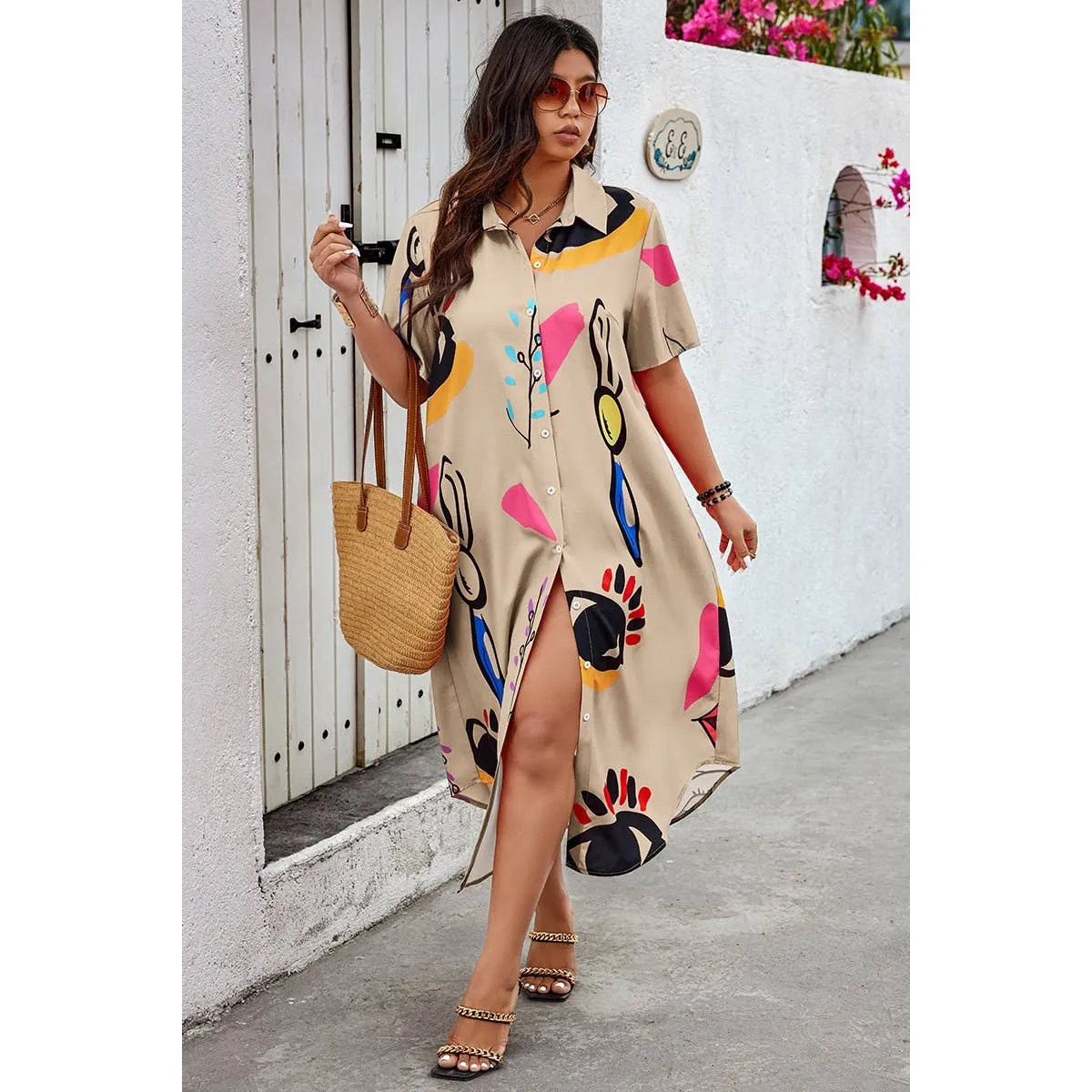 Supreme Fashion | Allover Print Button Up Loose Fit Dress | Plus