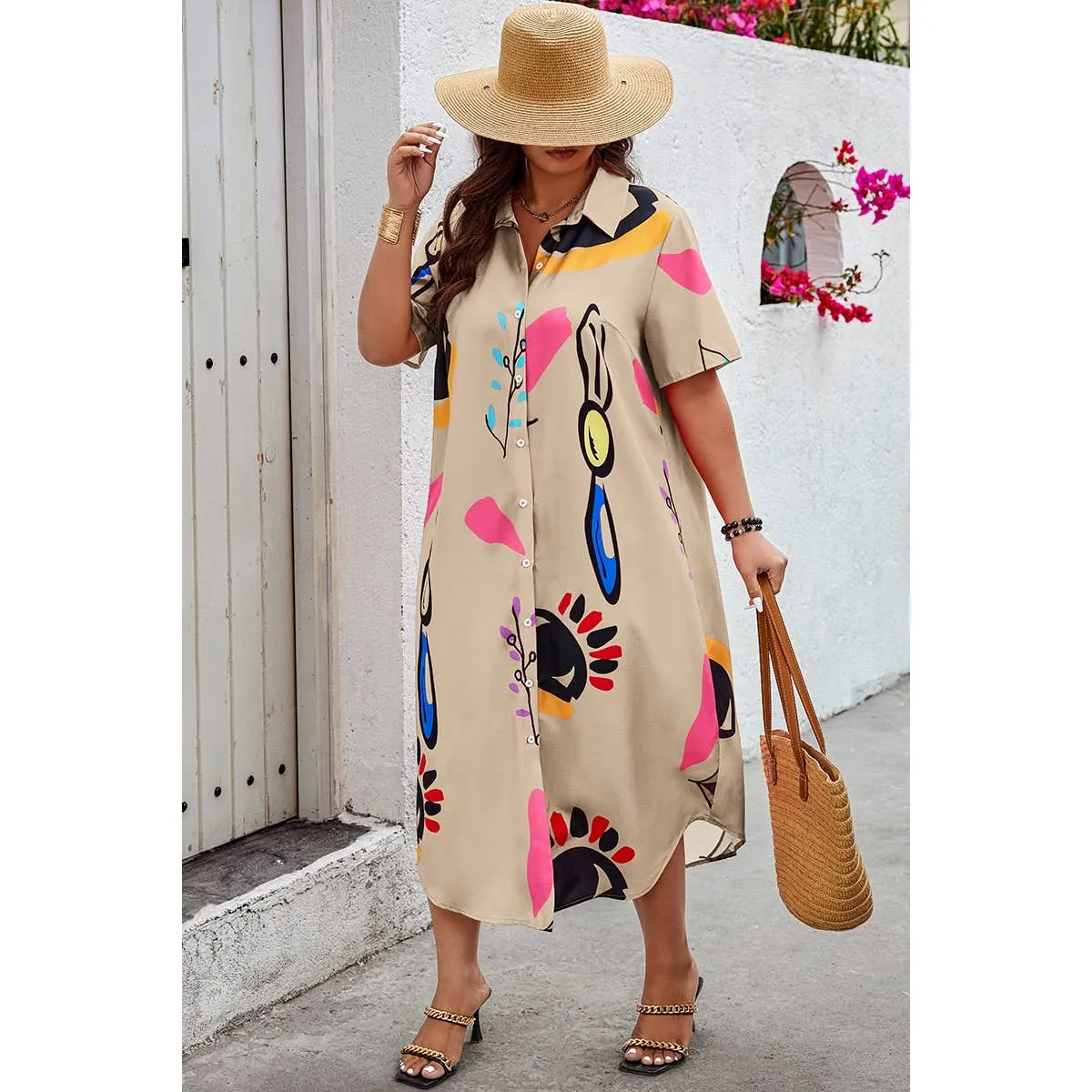Supreme Fashion | Allover Print Button Up Loose Fit Dress | Plus