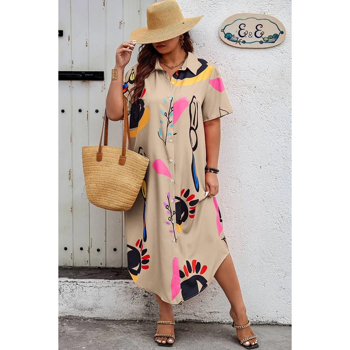Supreme Fashion | Allover Print Button Up Loose Fit Dress | Plus
