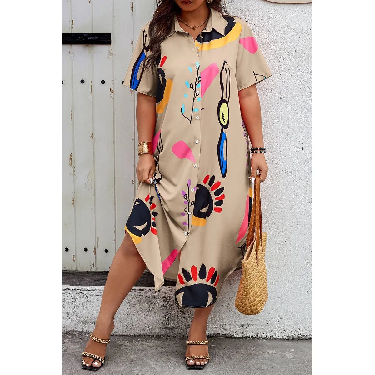 Supreme Fashion | Allover Print Button Up Loose Fit Dress | Plus