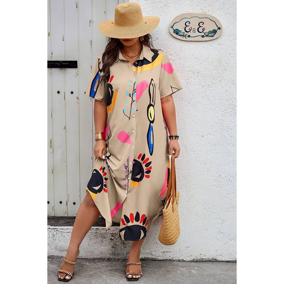 Supreme Fashion | Allover Print Button Up Loose Fit Dress | Plus