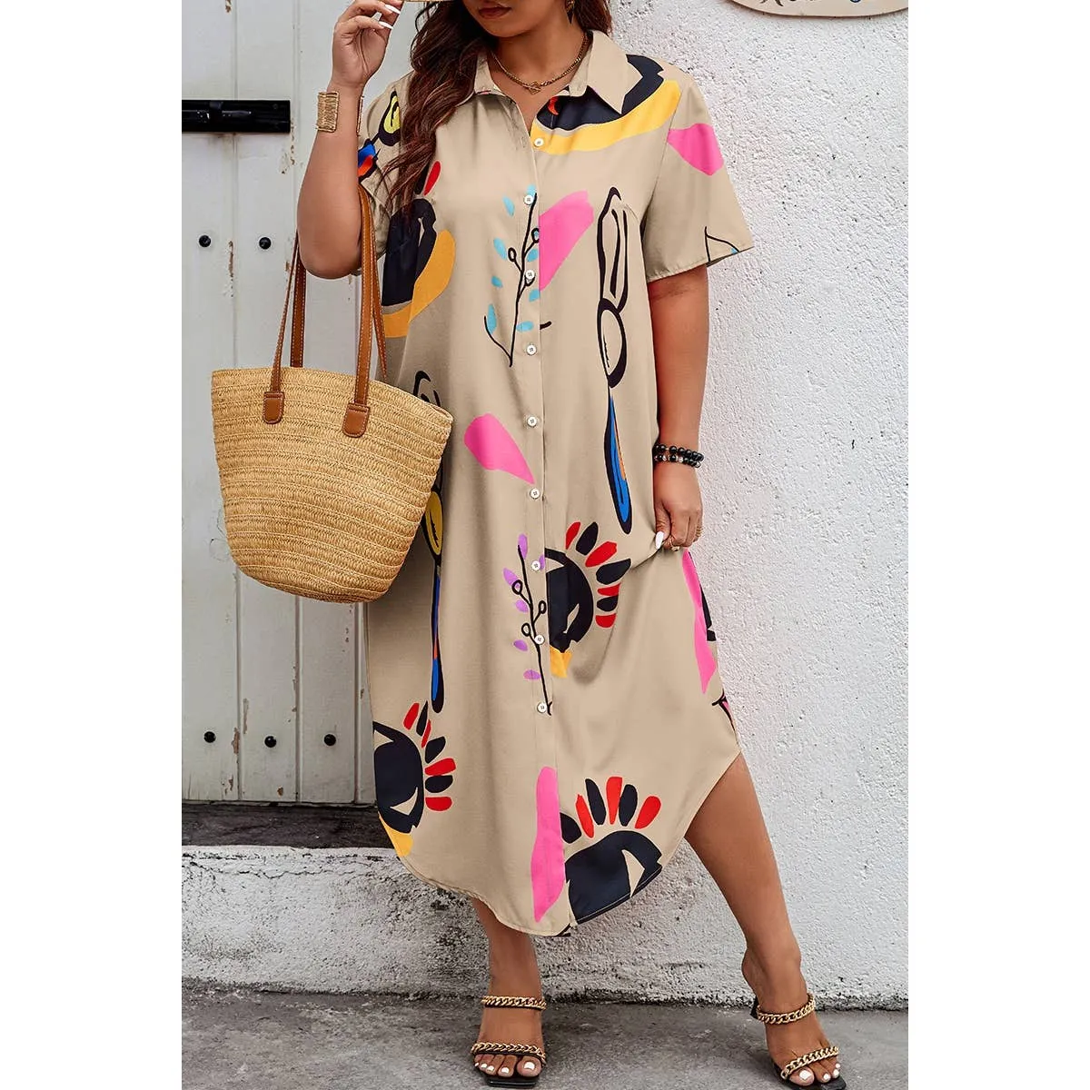 Supreme Fashion | Allover Print Button Up Loose Fit Dress | Plus